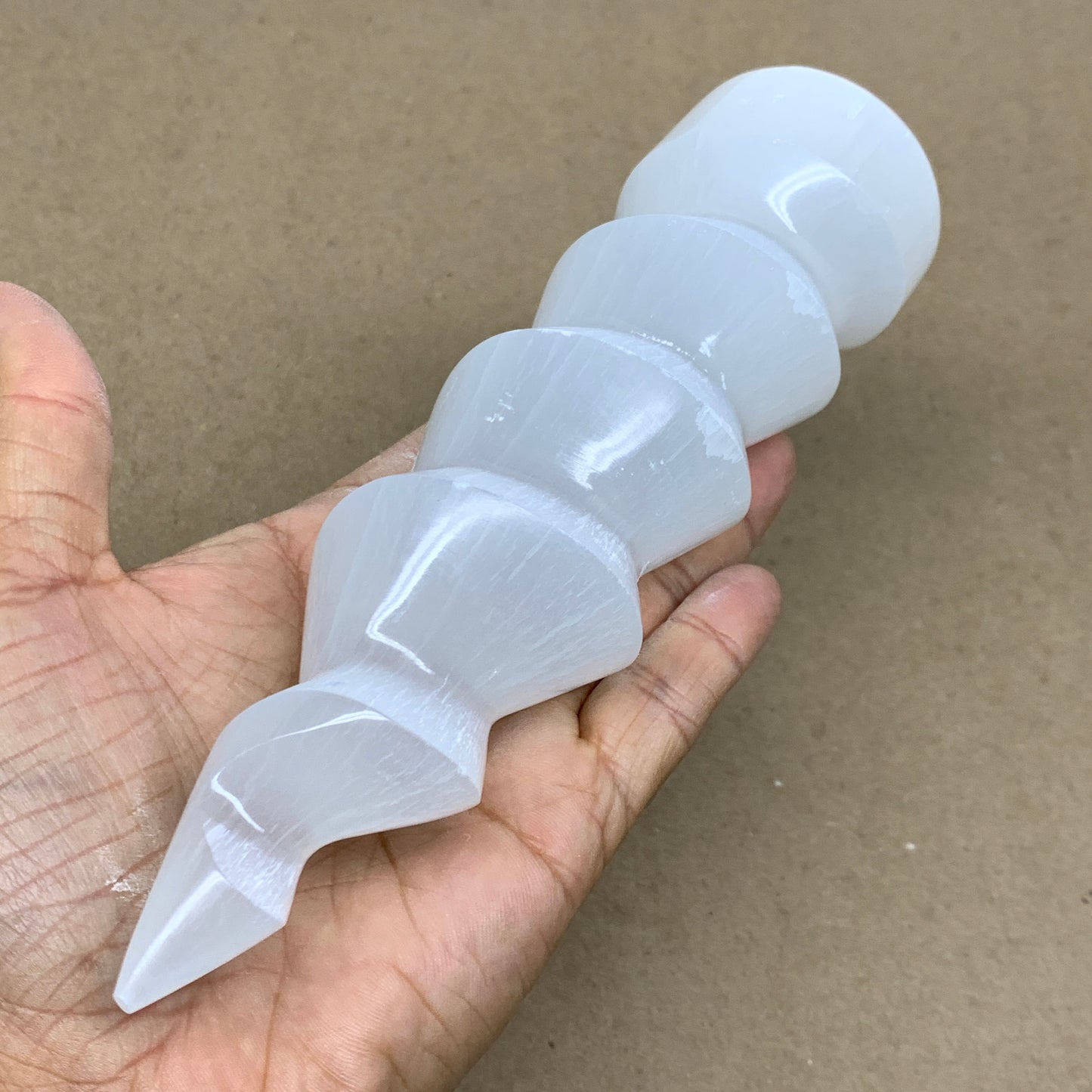 0.98 lbs.,7.25"x2", Selenite Spiral Crystal Tower Wand Point, B36610