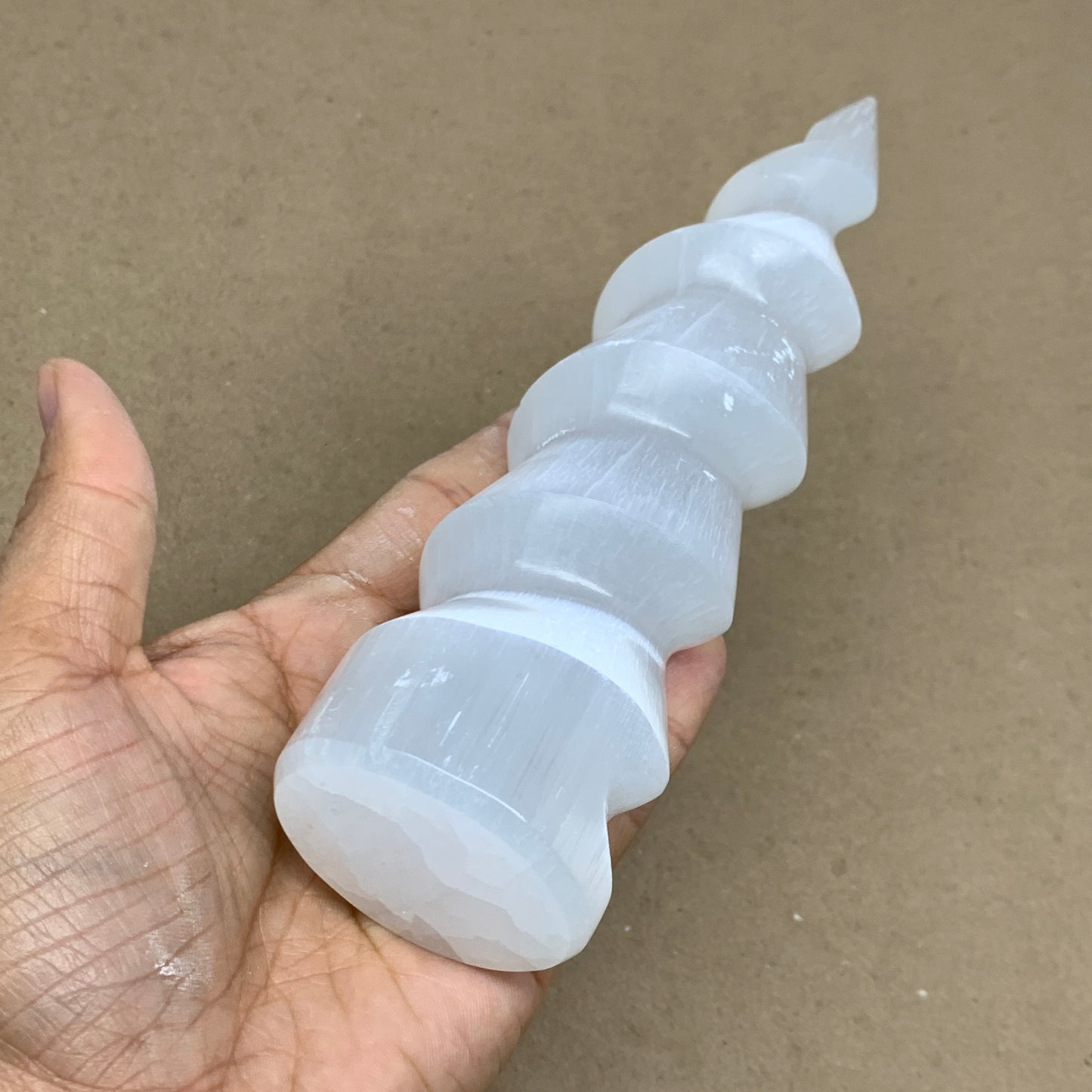 0.98 lbs.,7.25"x2", Selenite Spiral Crystal Tower Wand Point, B36610