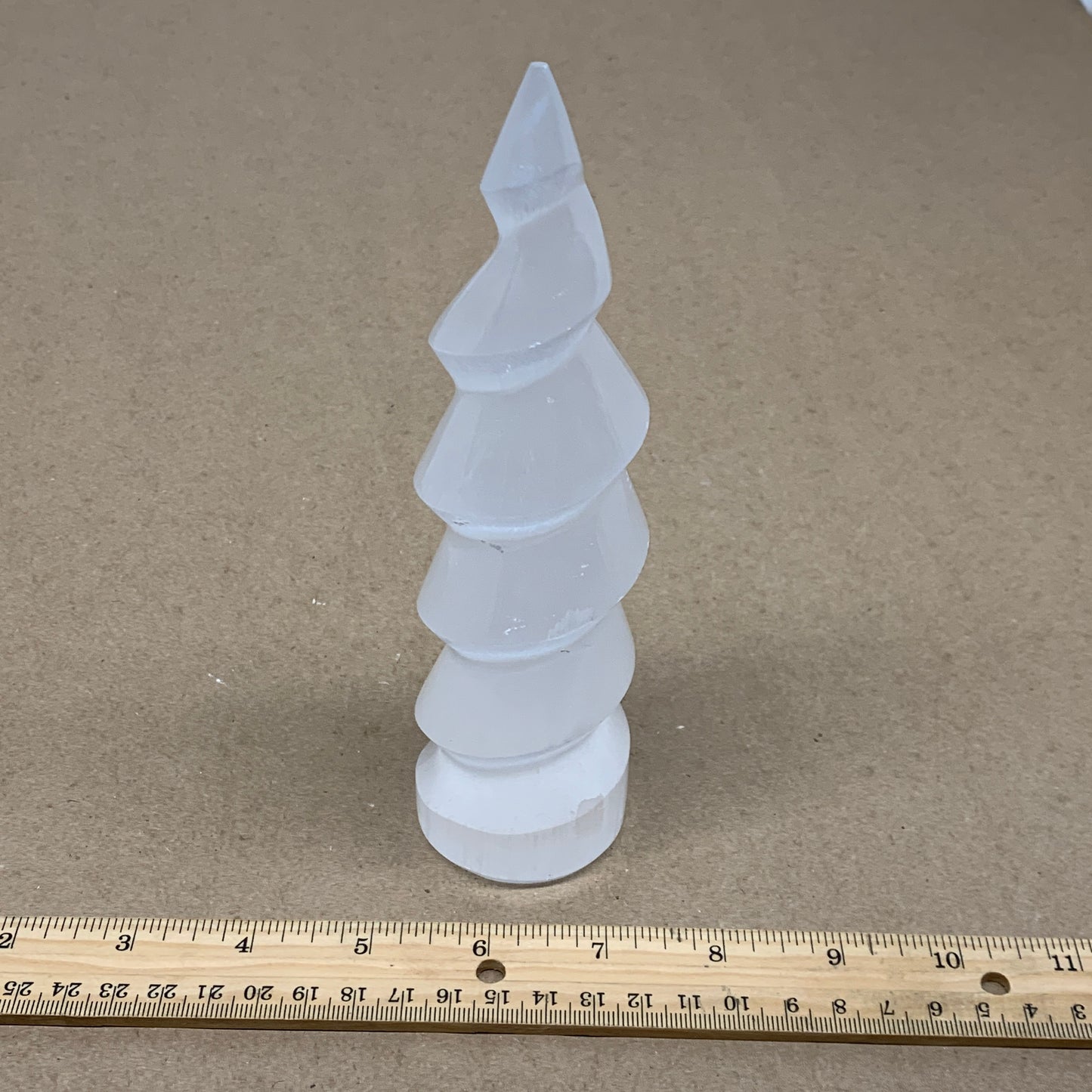 0.98 lbs.,7.25"x2", Selenite Spiral Crystal Tower Wand Point, B36610