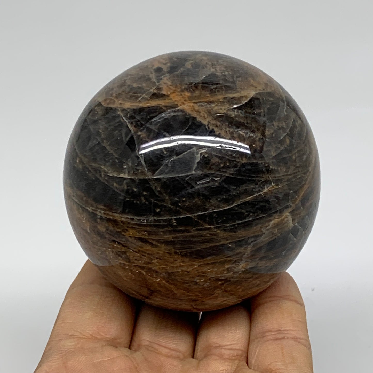 0.99 lbs, 2.7"(69mm), Black Moonstone Sphere Ball Gemstone Polished, B37531