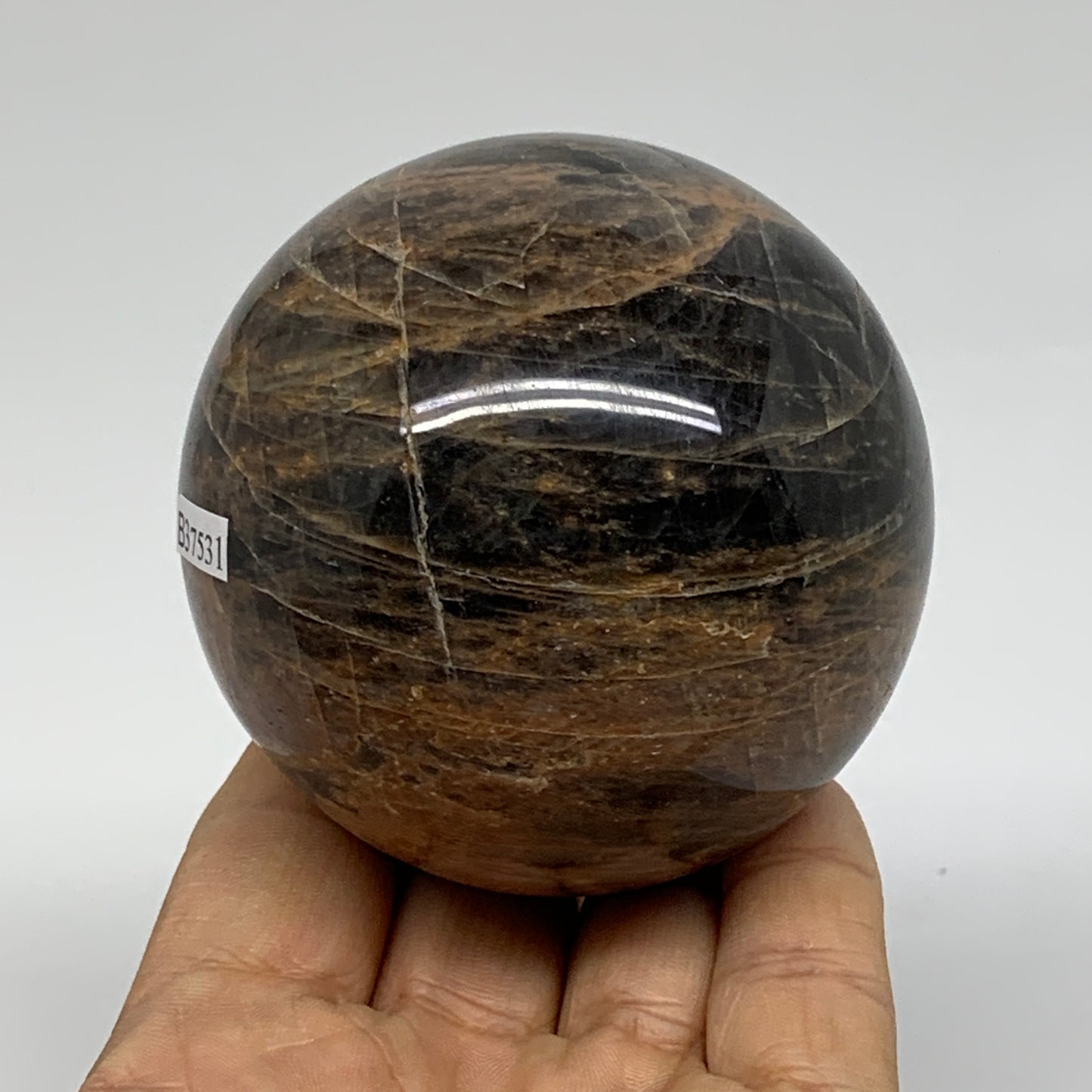 0.99 lbs, 2.7"(69mm), Black Moonstone Sphere Ball Gemstone Polished, B37531