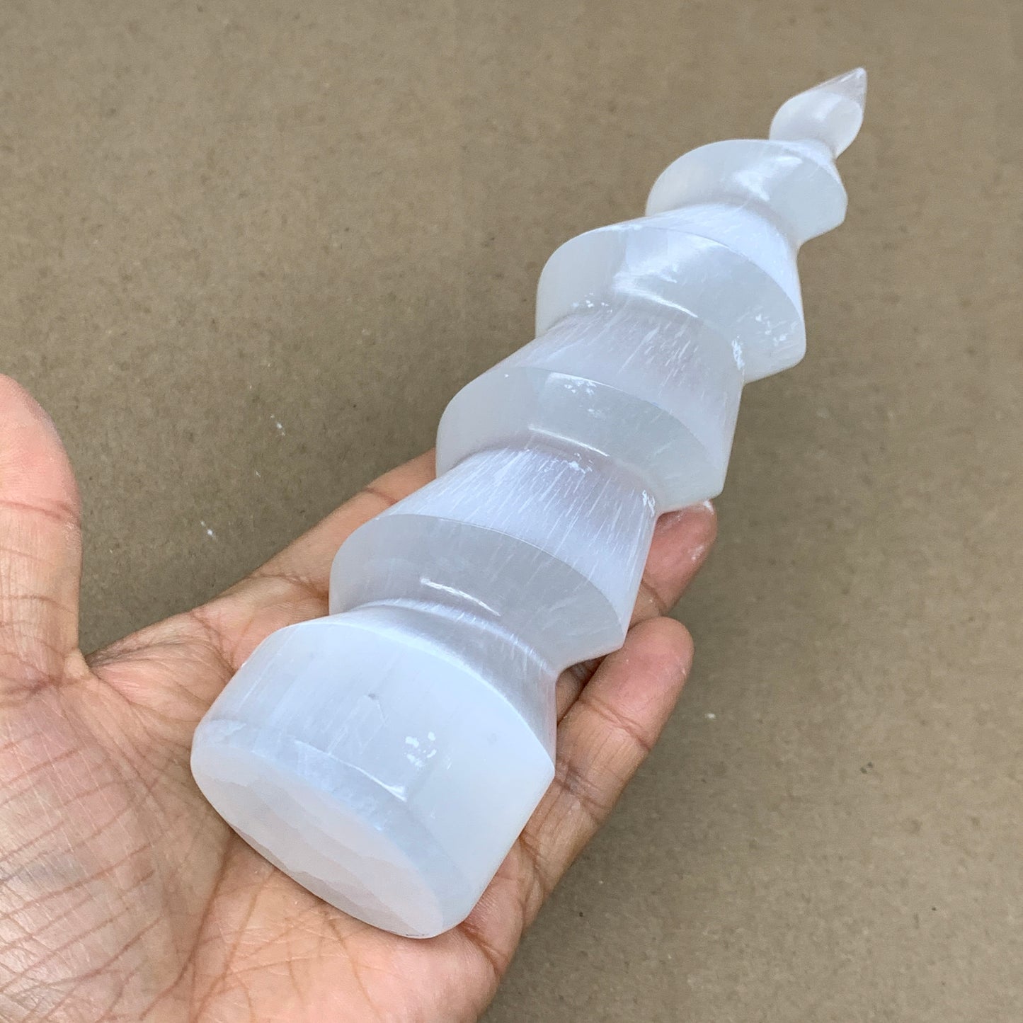 0.98 lbs.,7.25"x1.9", Selenite Spiral Crystal Tower Wand Point, B36614