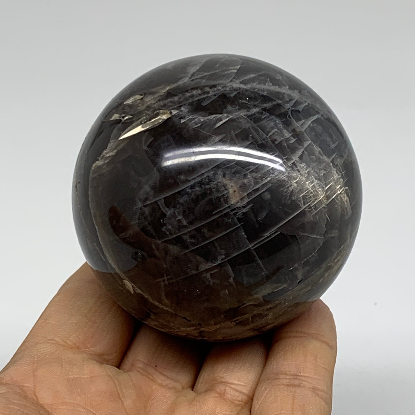 0.76 lbs, 2.5"(63mm), Black Moonstone Sphere Ball Gemstone Polished, B37533
