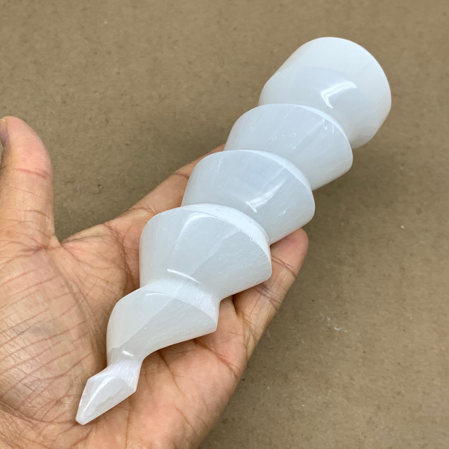 0.93 lbs.,7.25"x1.9", Selenite Spiral Crystal Tower Wand Point, B36618