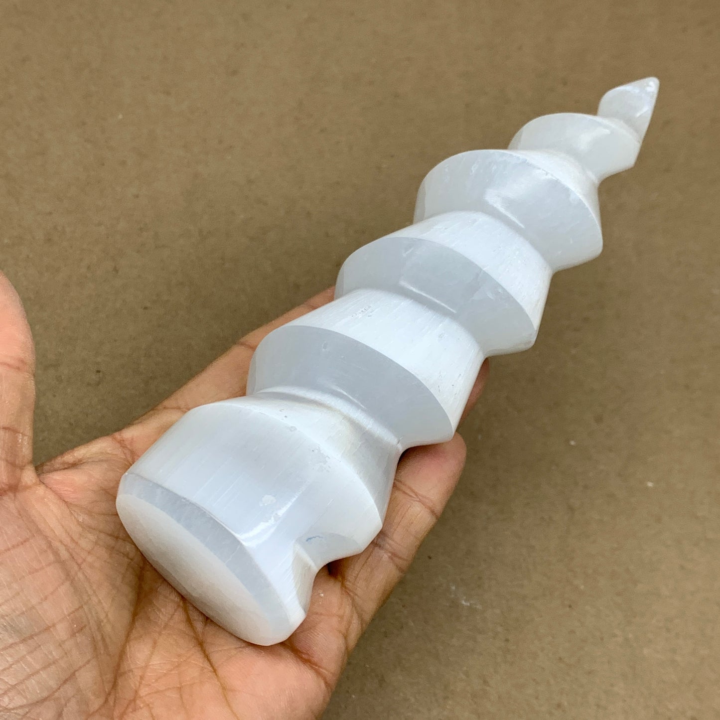 0.93 lbs.,7.25"x1.9", Selenite Spiral Crystal Tower Wand Point, B36618