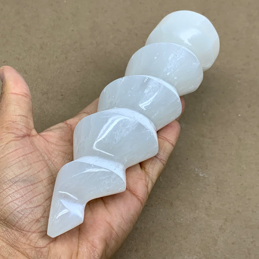 1.1 lbs.,7.25"x1.9", Selenite Spiral Crystal Tower Wand Point, B36619