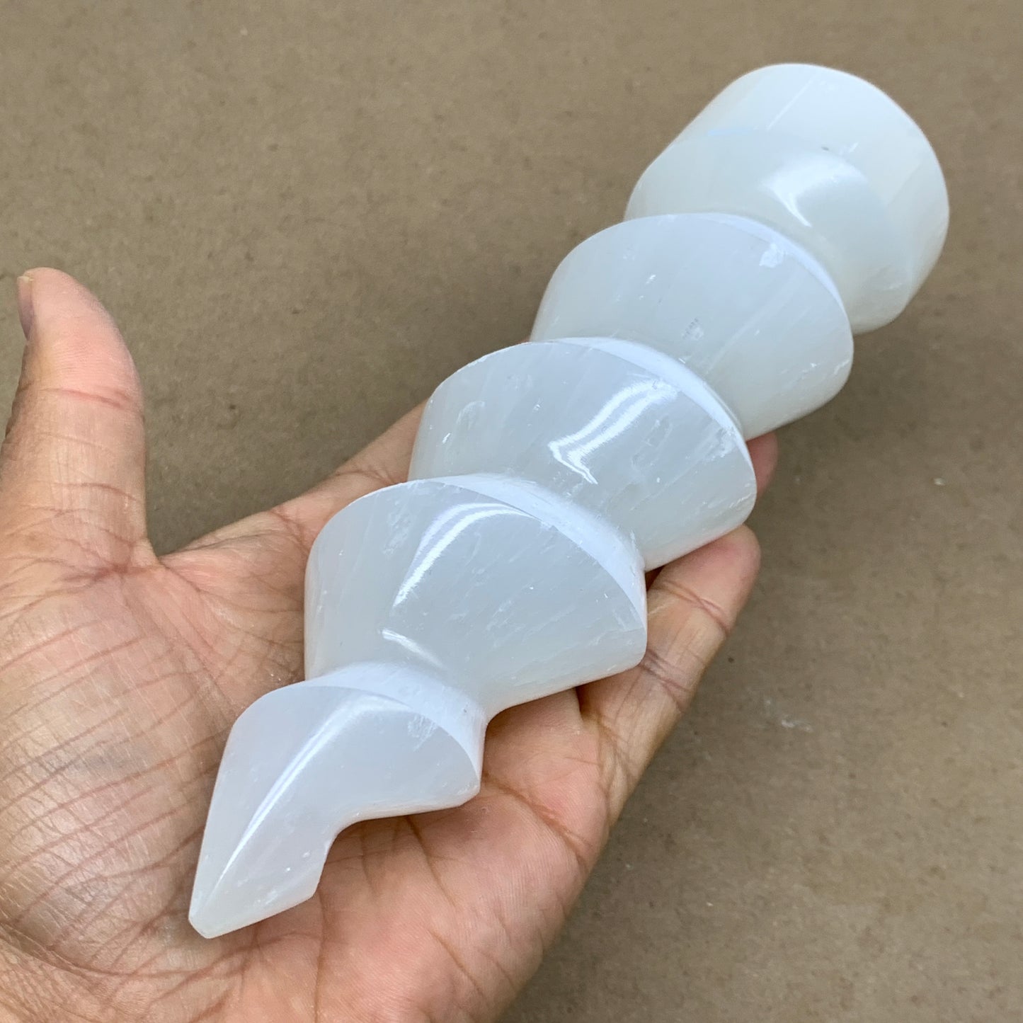 1.1 lbs.,7.25"x1.9", Selenite Spiral Crystal Tower Wand Point, B36619