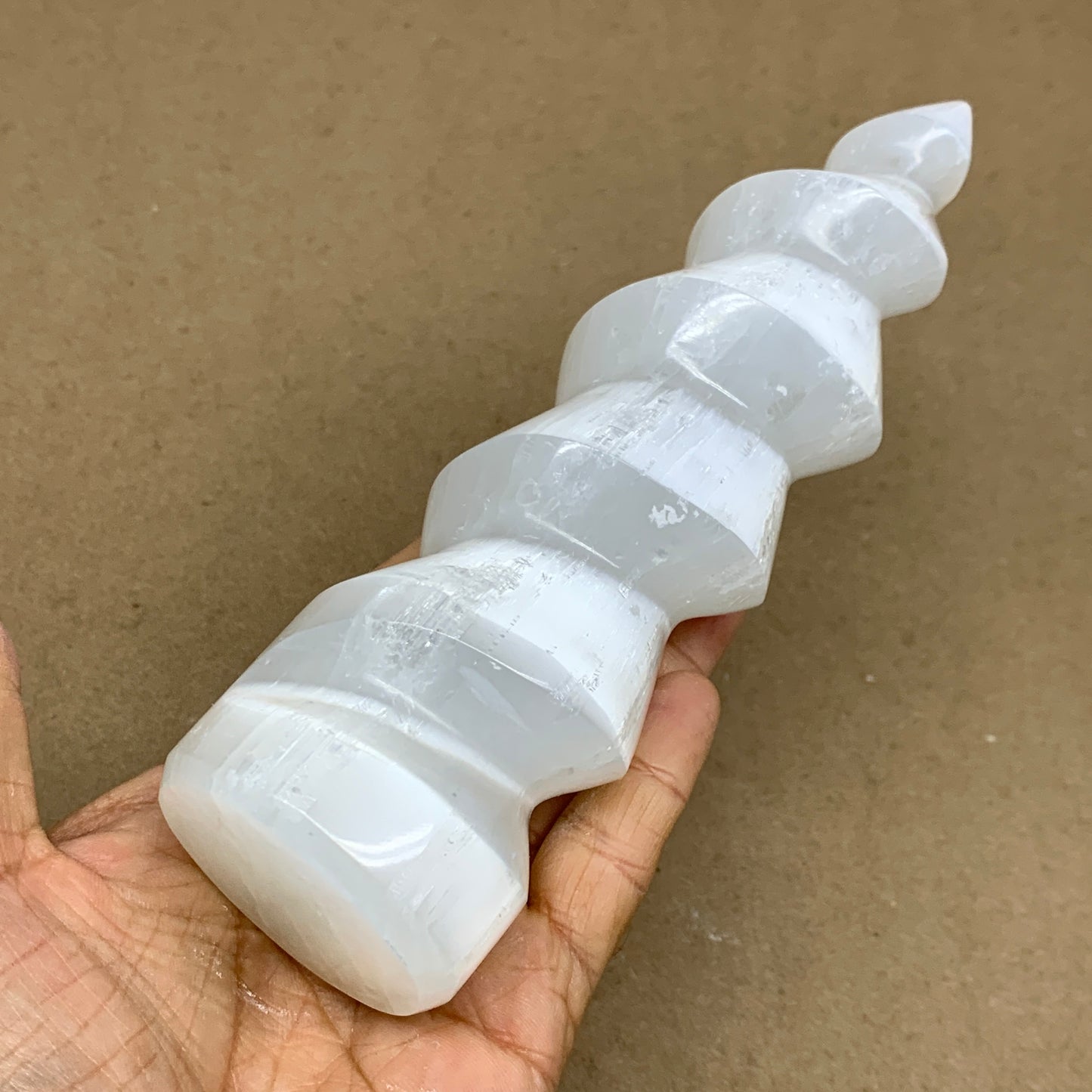 1.1 lbs.,7.25"x1.9", Selenite Spiral Crystal Tower Wand Point, B36619