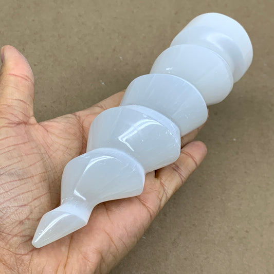 0.98 lbs.,7.25"x2", Selenite Spiral Crystal Tower Wand Point, B36621