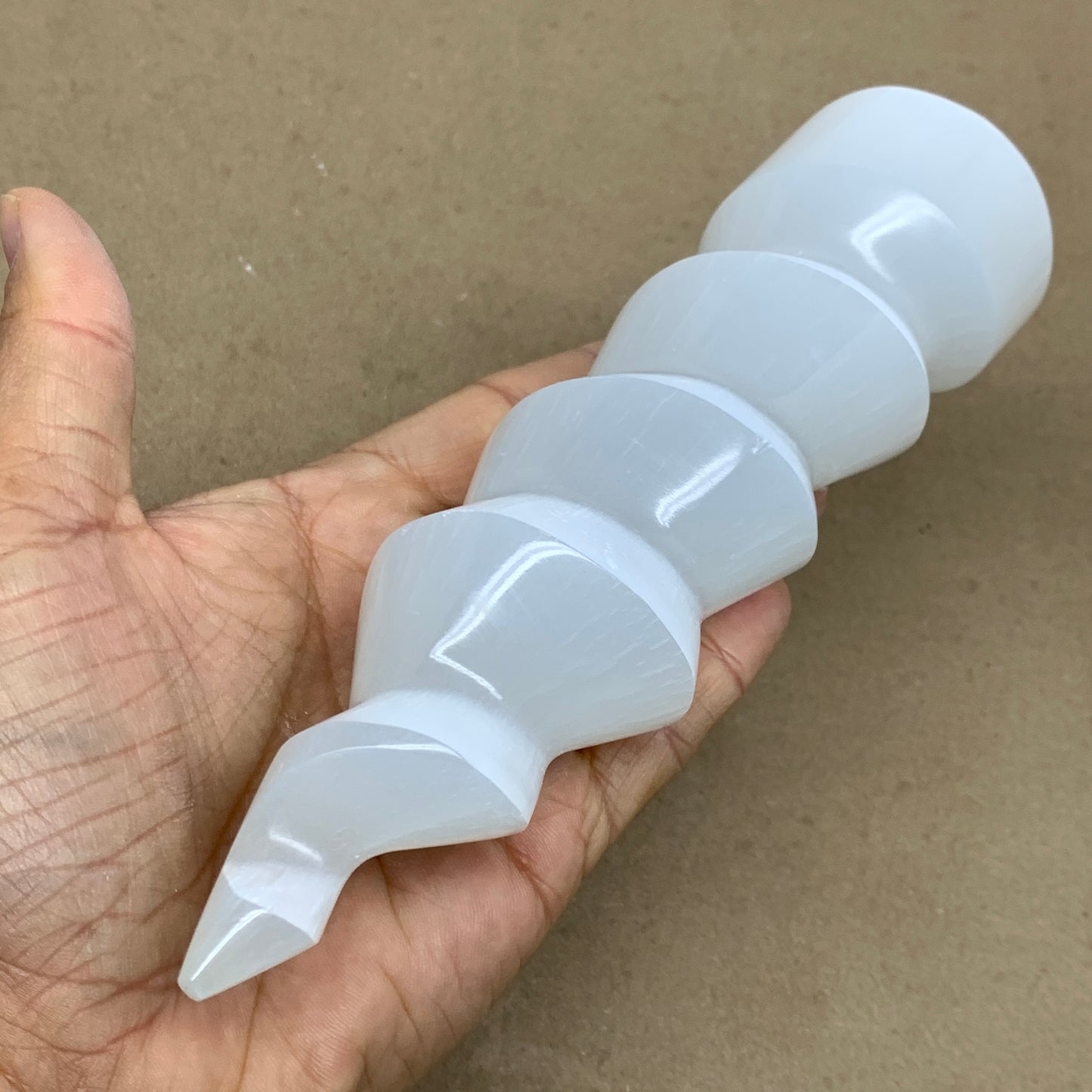 0.98 lbs.,7.25"x2", Selenite Spiral Crystal Tower Wand Point, B36621