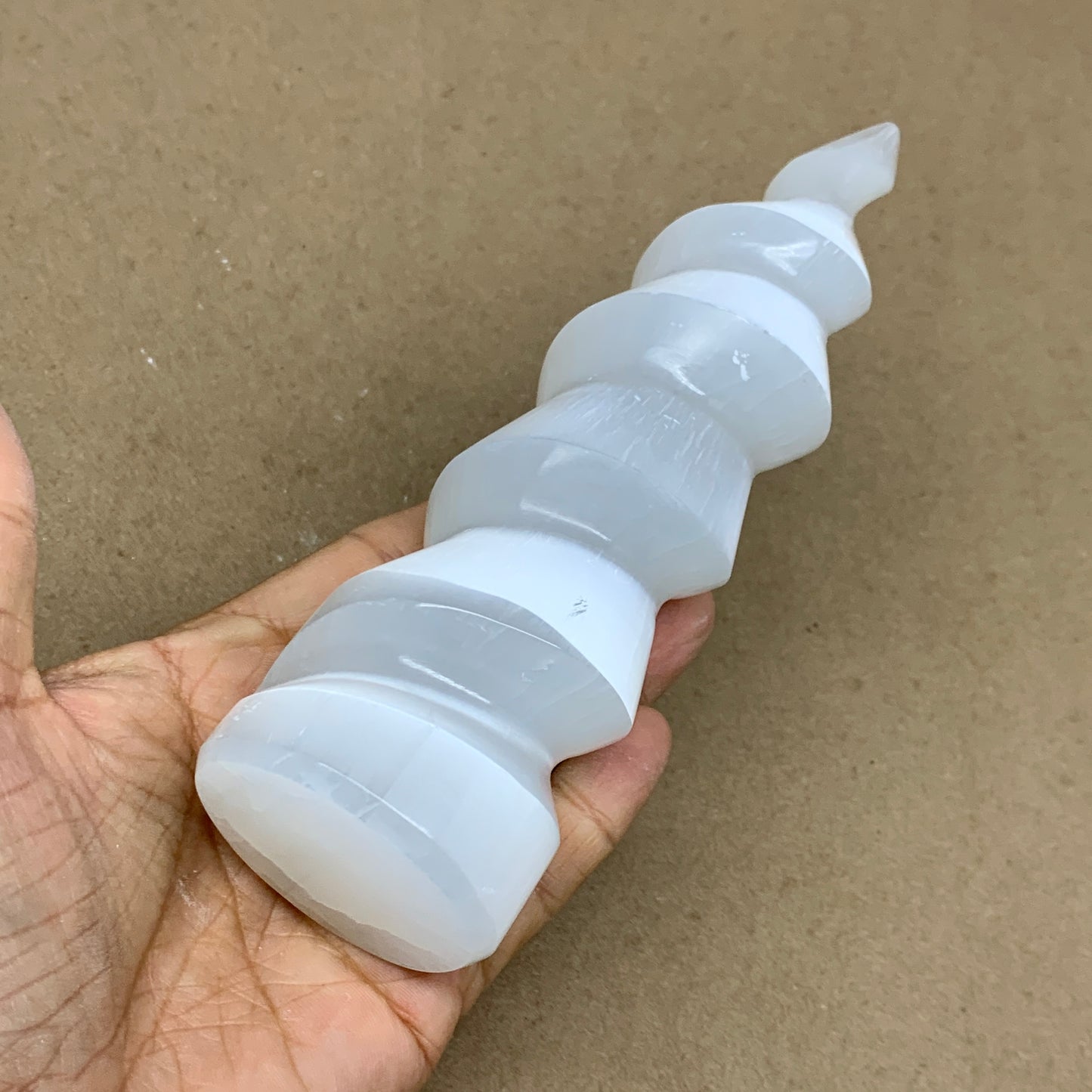 0.98 lbs.,7.25"x2", Selenite Spiral Crystal Tower Wand Point, B36621