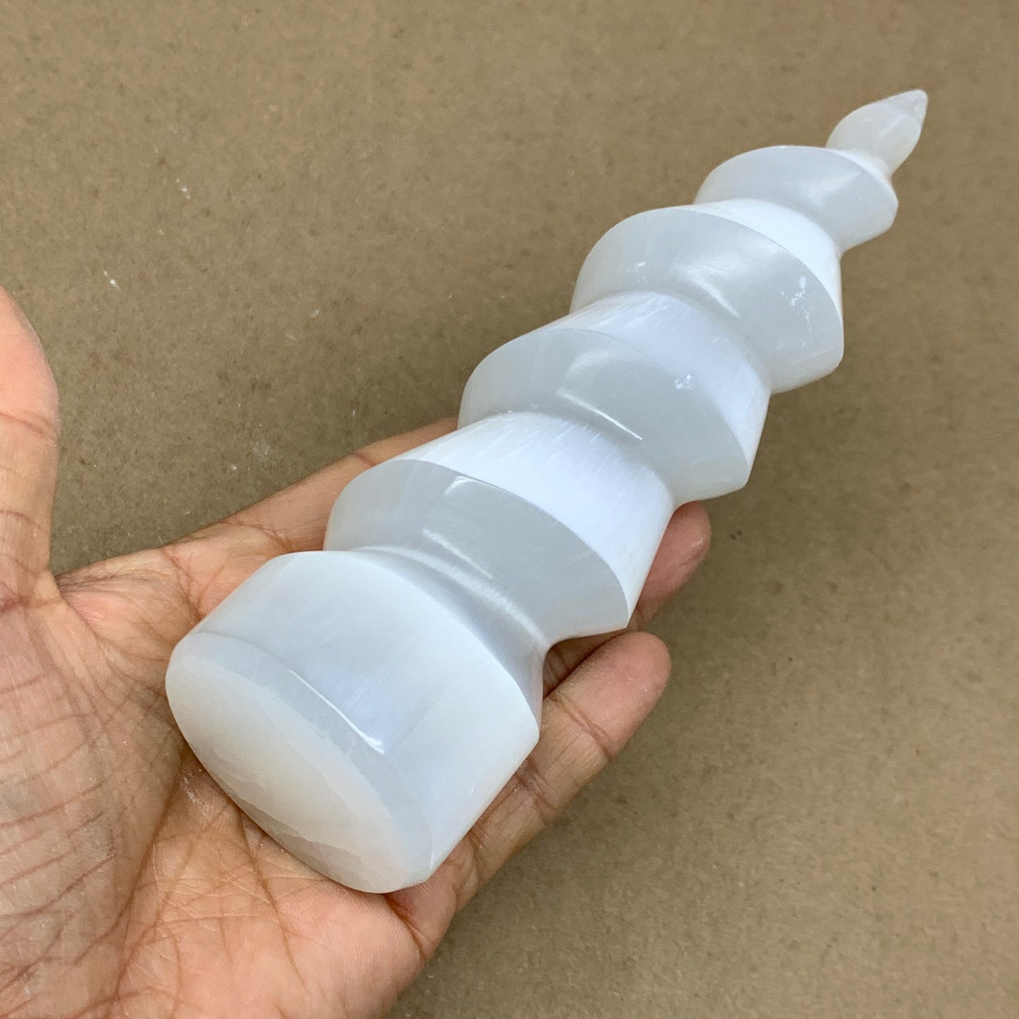 0.98 lbs.,7.25"x2", Selenite Spiral Crystal Tower Wand Point, B36621