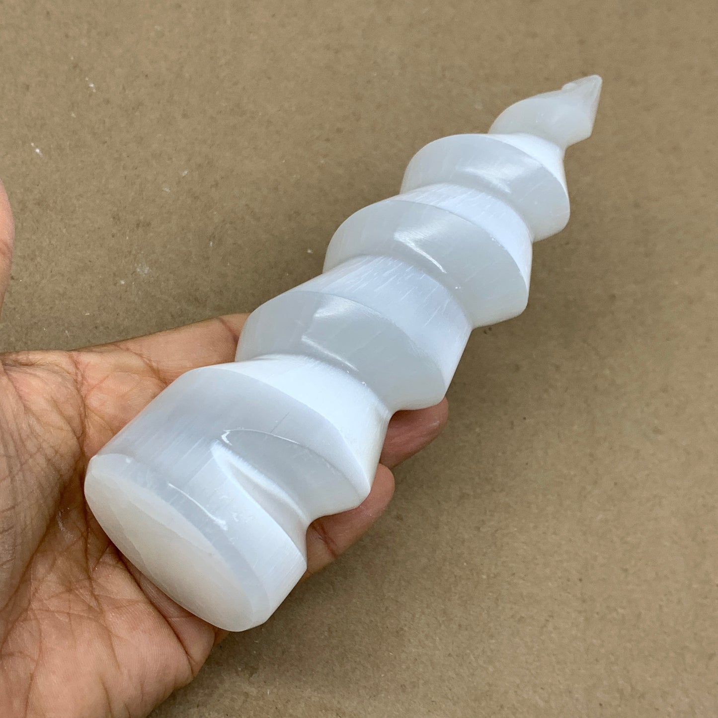 0.98 lbs.,7.25"x2", Selenite Spiral Crystal Tower Wand Point, B36621