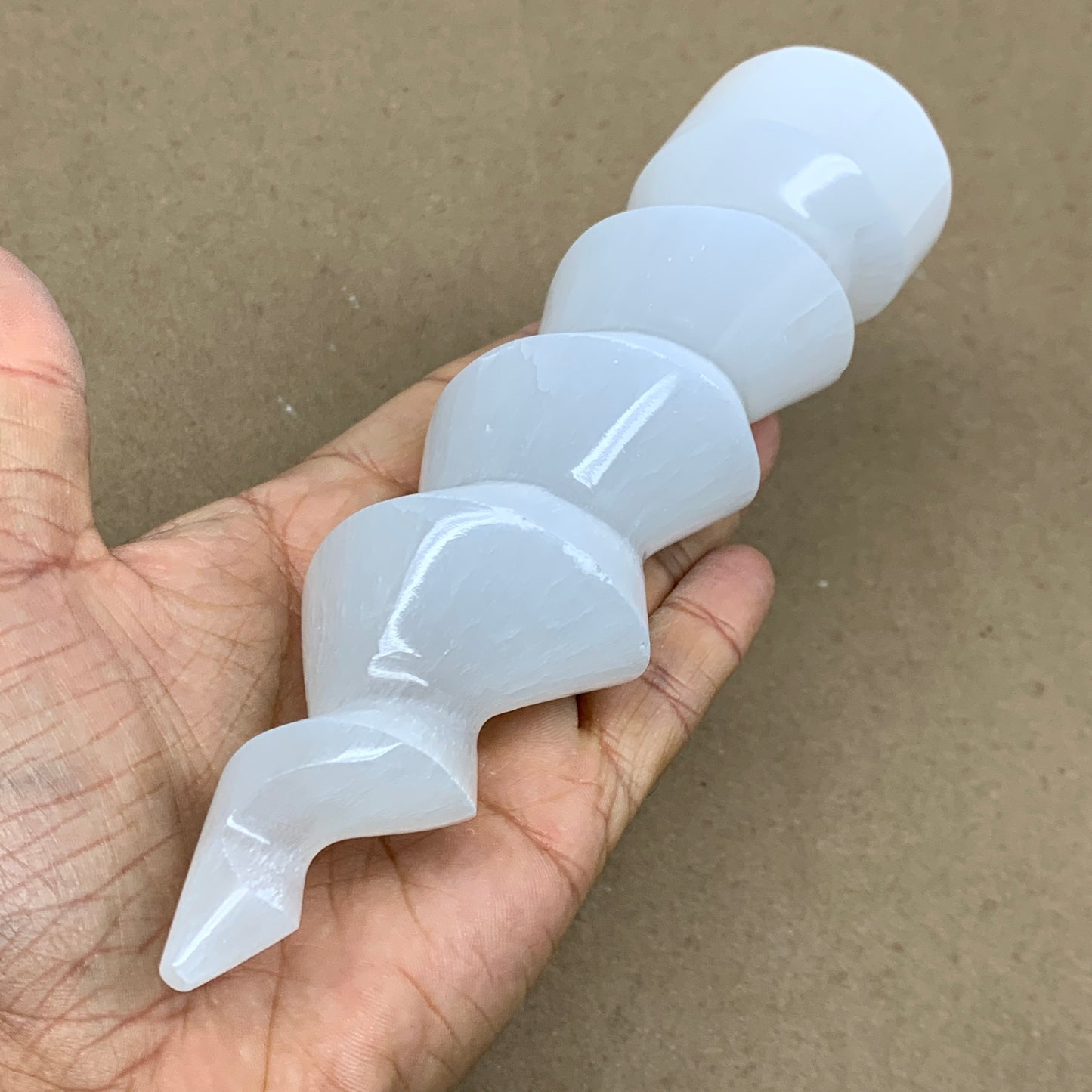 0.83 lbs.,7.25"x1.8", Selenite Spiral Crystal Tower Wand Point, B36622