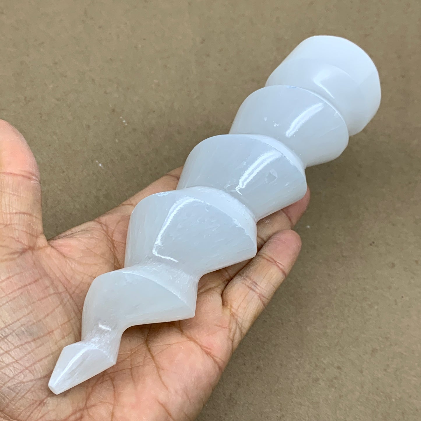 0.83 lbs.,7.25"x1.8", Selenite Spiral Crystal Tower Wand Point, B36622