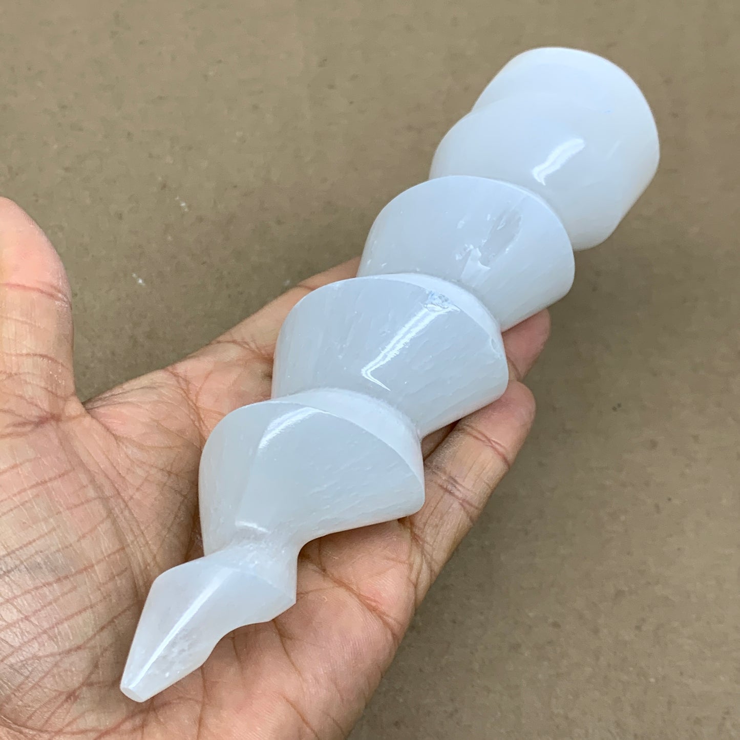 0.83 lbs.,7.25"x1.8", Selenite Spiral Crystal Tower Wand Point, B36622