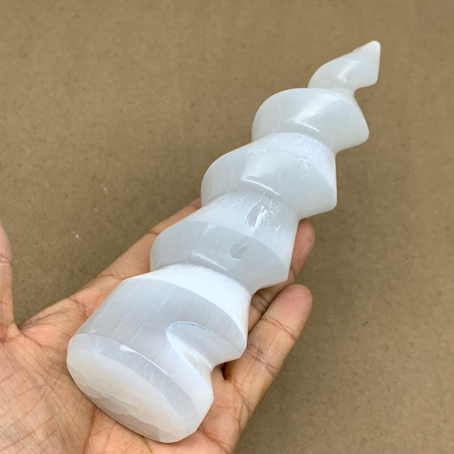 0.83 lbs.,7.25"x1.8", Selenite Spiral Crystal Tower Wand Point, B36622