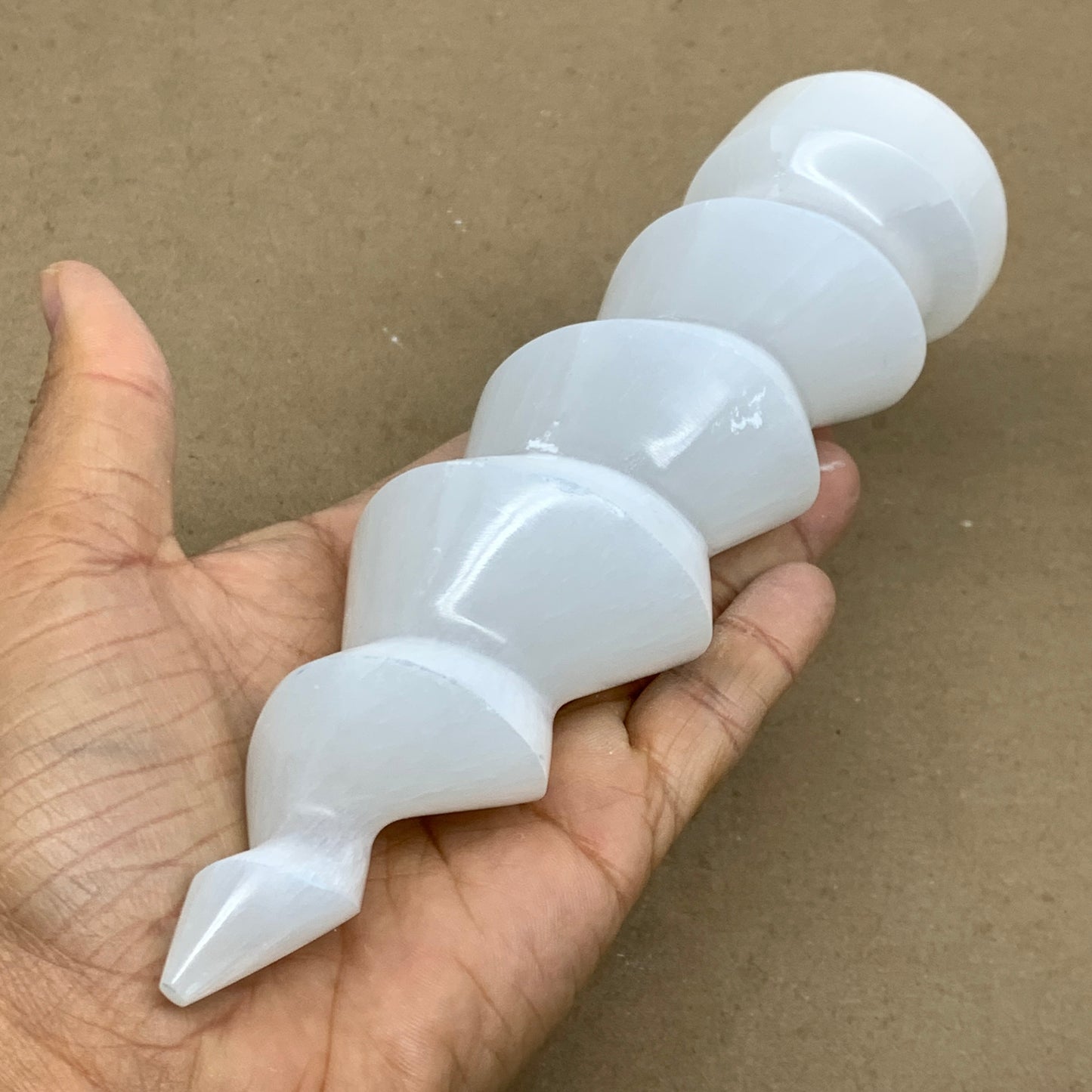 0.97 lbs.,7.25"x1.9", Selenite Spiral Crystal Tower Wand Point, B36624