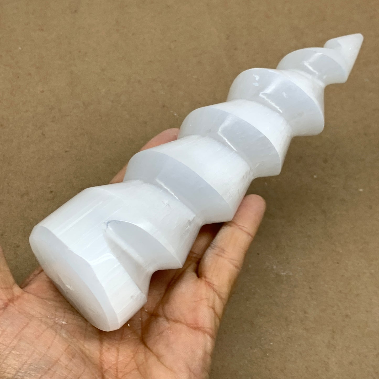 0.95 lbs.,7.25"x2", Selenite Spiral Crystal Tower Wand Point, B36635