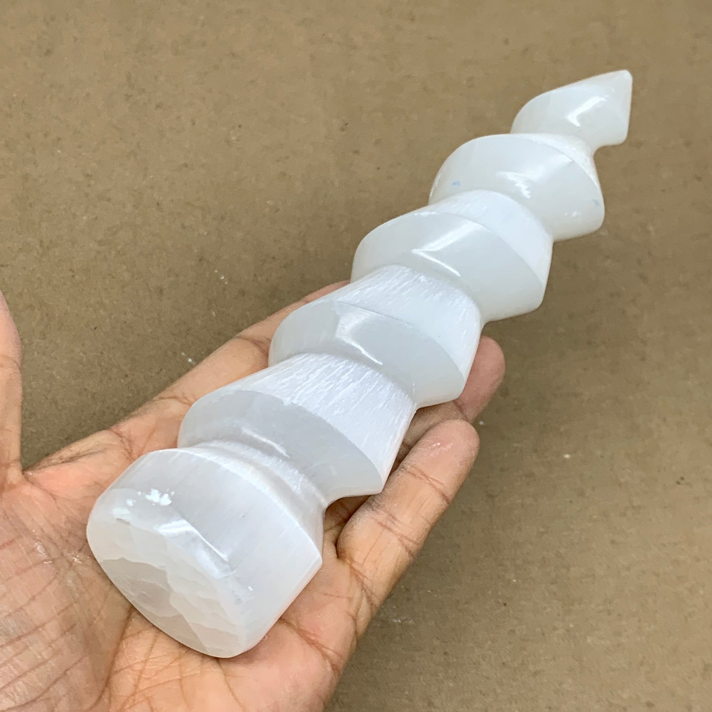 0.84 lbs.,7.25"x1.7", Selenite Spiral Crystal Tower Wand Point, B36637
