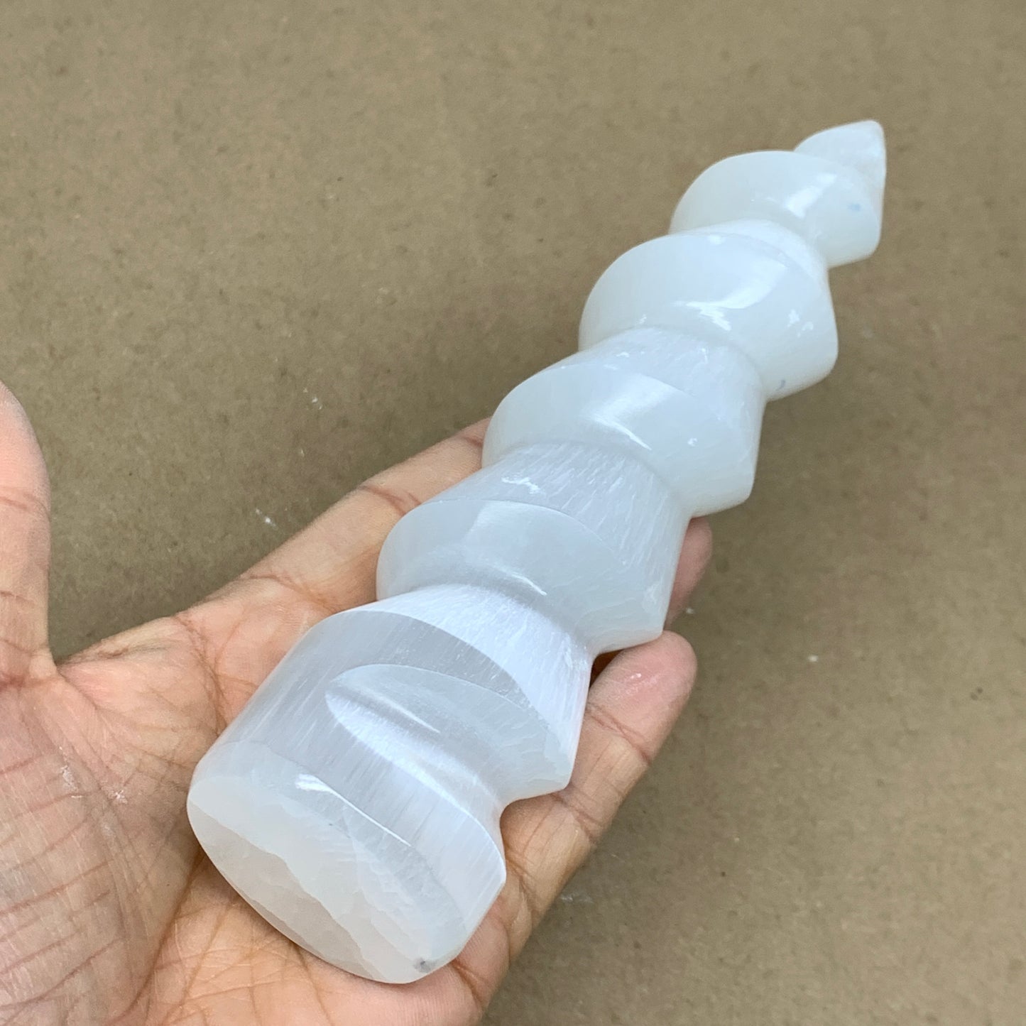0.84 lbs.,7.25"x1.7", Selenite Spiral Crystal Tower Wand Point, B36637