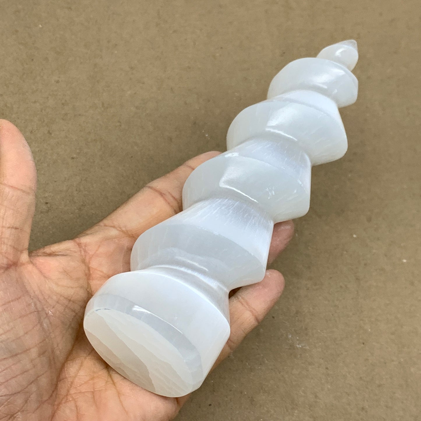 0.99 lbs.,7.25"x1.9", Selenite Spiral Crystal Tower Wand Point, B36638