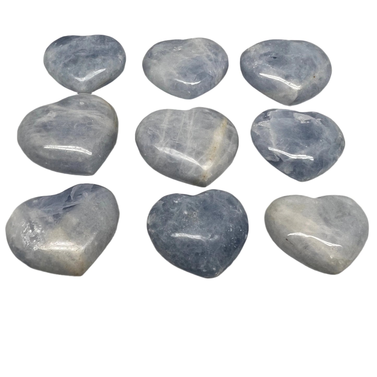 1040g (2.2 lbs) , 9 pcs, 1.7"- 2.3", Blue Calcite Hearts from Madagascar, B20854