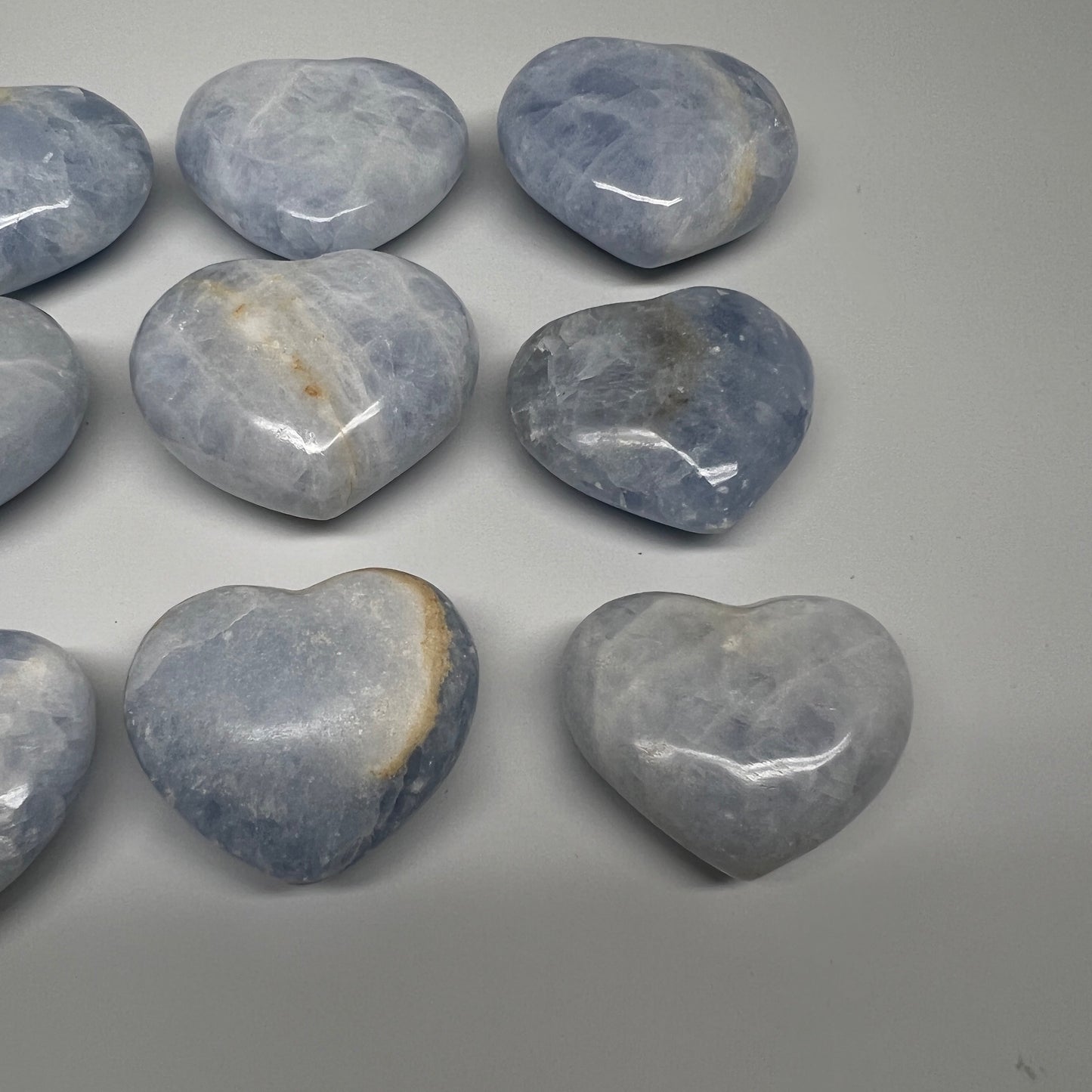 1040g (2.2 lbs) , 9 pcs, 1.7"- 2.3", Blue Calcite Hearts from Madagascar, B20854