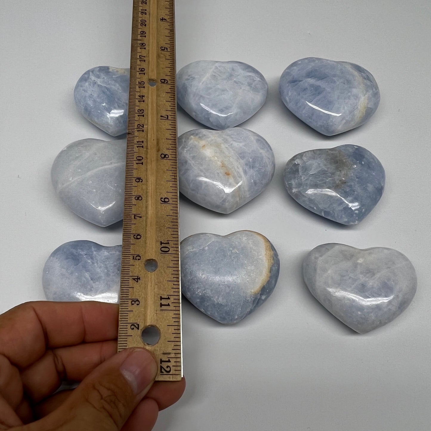 1040g (2.2 lbs) , 9 pcs, 1.7"- 2.3", Blue Calcite Hearts from Madagascar, B20854
