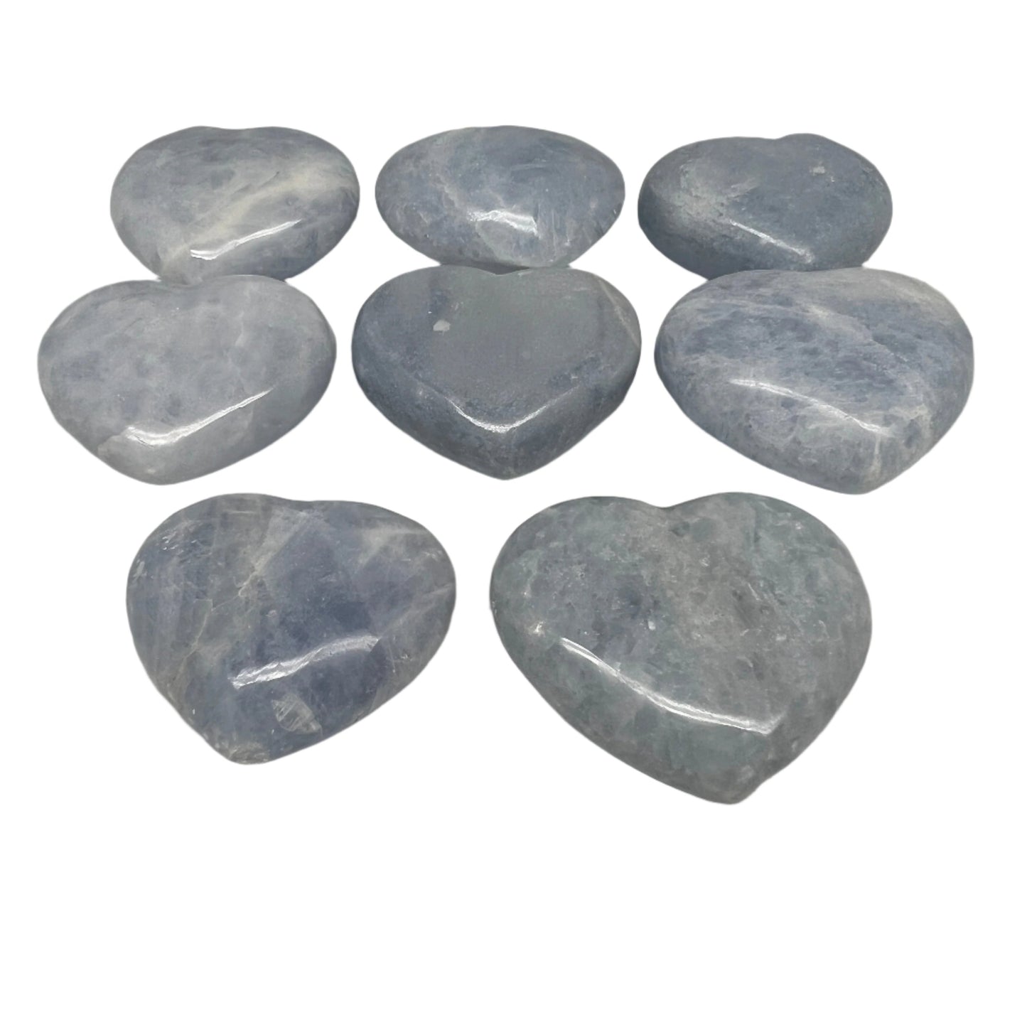 1025g (2.2 lbs) , 8 pcs, 1.9"- 2.2", Blue Calcite Hearts from Madagascar, B20855