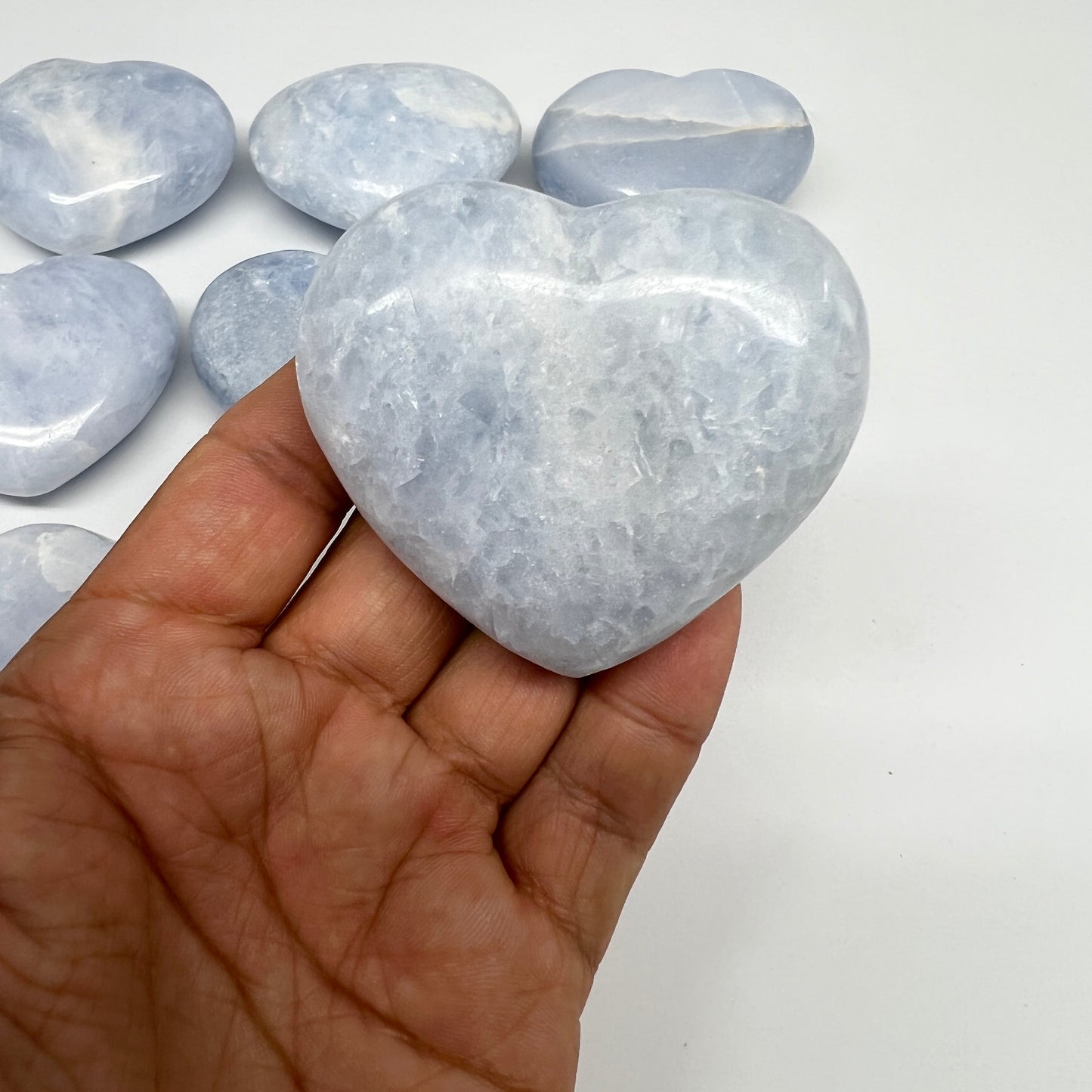 1025g (2.2 lbs) , 8 pcs, 1.9"- 2.2", Blue Calcite Hearts from Madagascar, B20855
