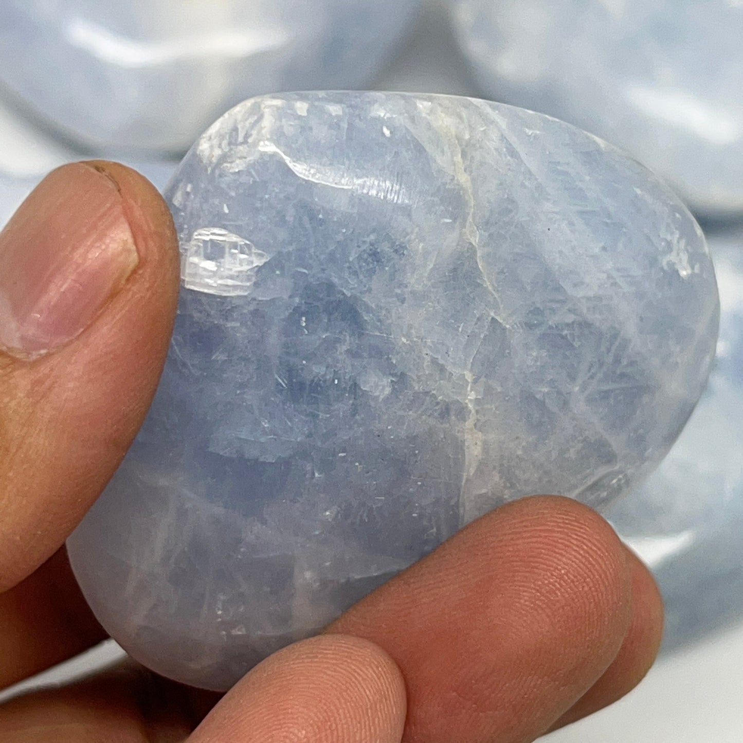 1025g (2.2 lbs) , 8 pcs, 1.9"- 2.2", Blue Calcite Hearts from Madagascar, B20855
