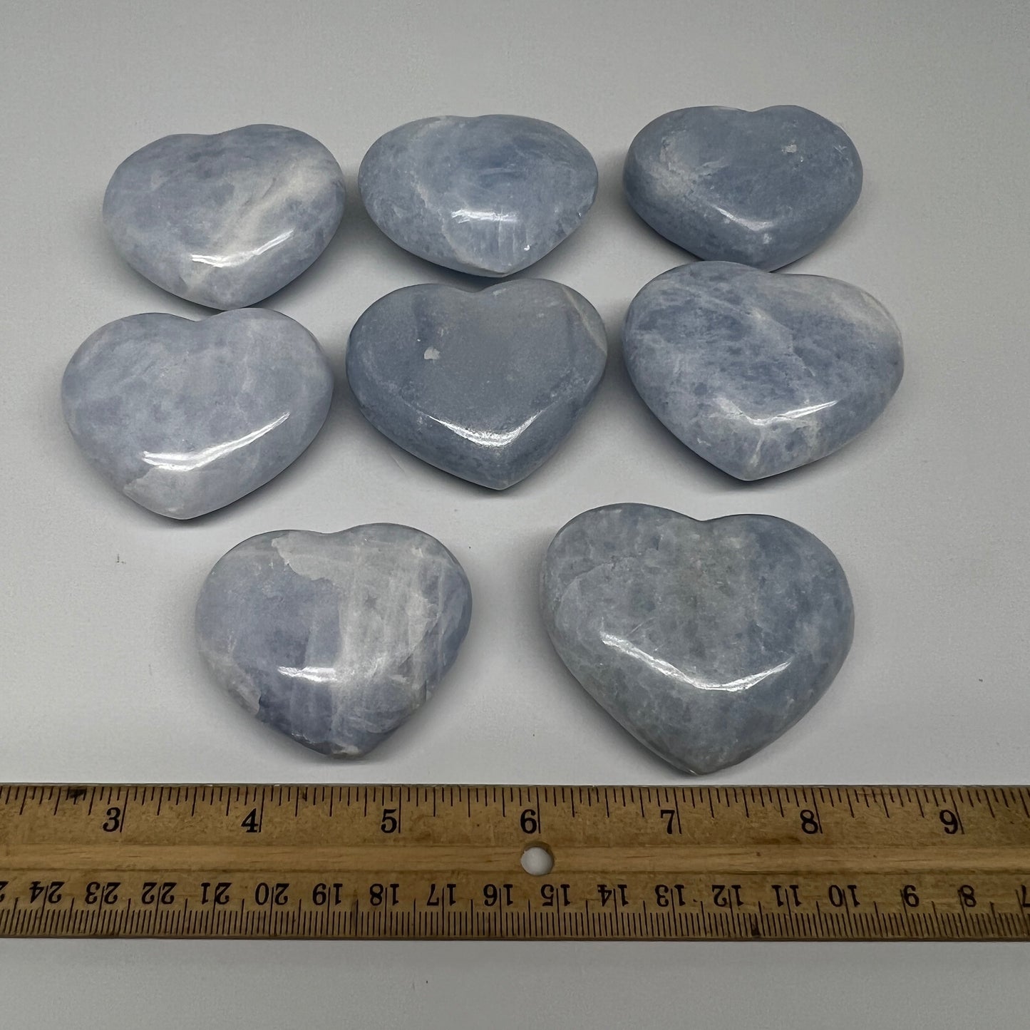 1025g (2.2 lbs) , 8 pcs, 1.9"- 2.2", Blue Calcite Hearts from Madagascar, B20855