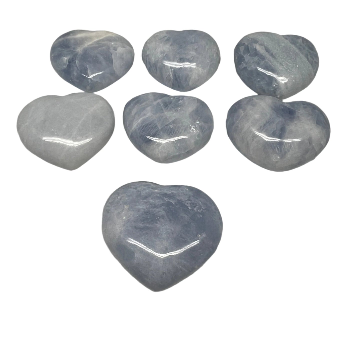 1010g (2.2 lbs) , 7 pcs, 2"- 2.3", Blue Calcite Hearts from Madagascar, B20856