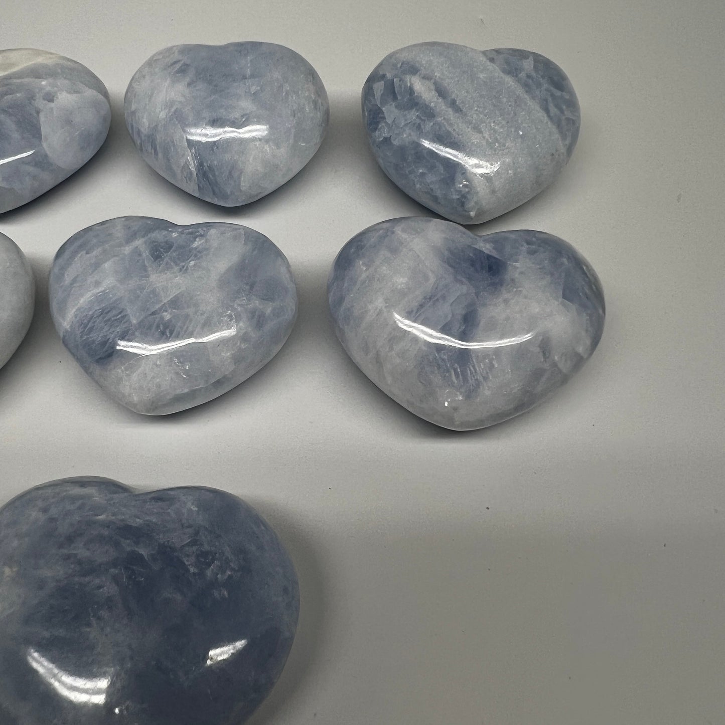 1010g (2.2 lbs) , 7 pcs, 2"- 2.3", Blue Calcite Hearts from Madagascar, B20856