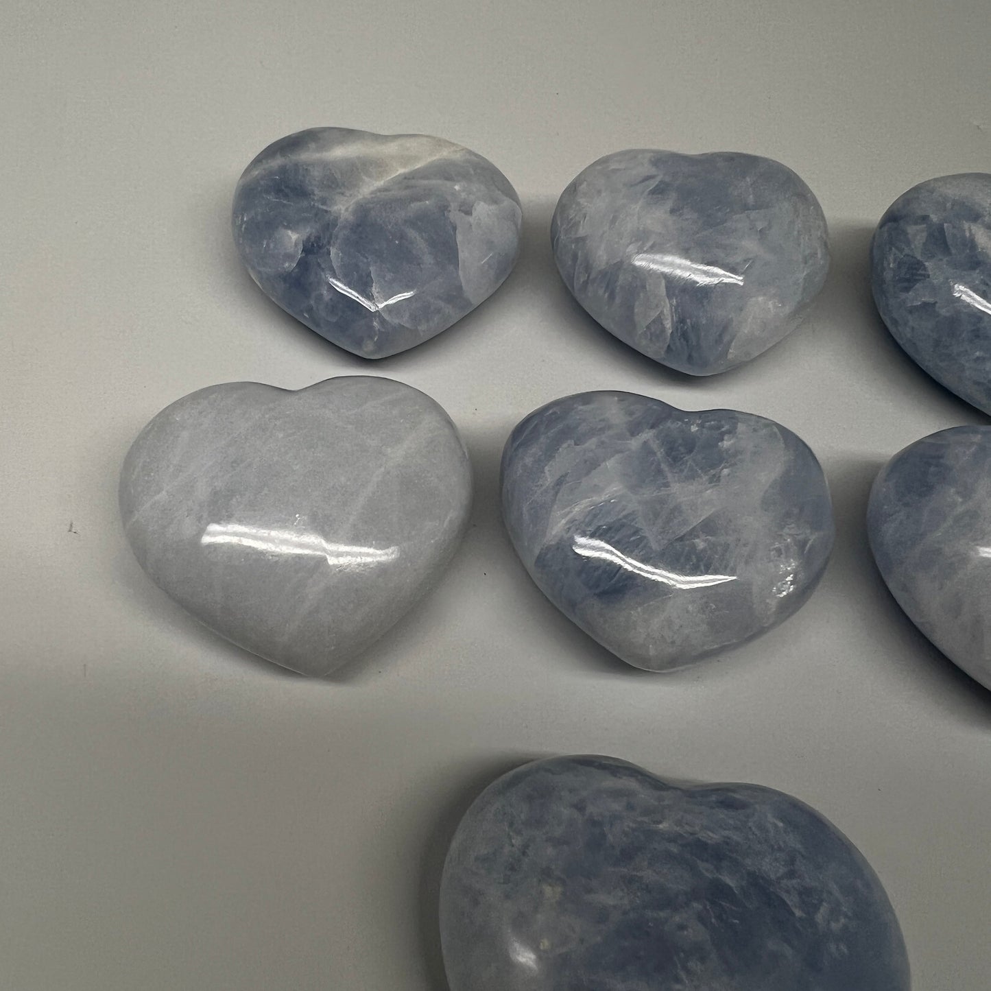 1010g (2.2 lbs) , 7 pcs, 2"- 2.3", Blue Calcite Hearts from Madagascar, B20856