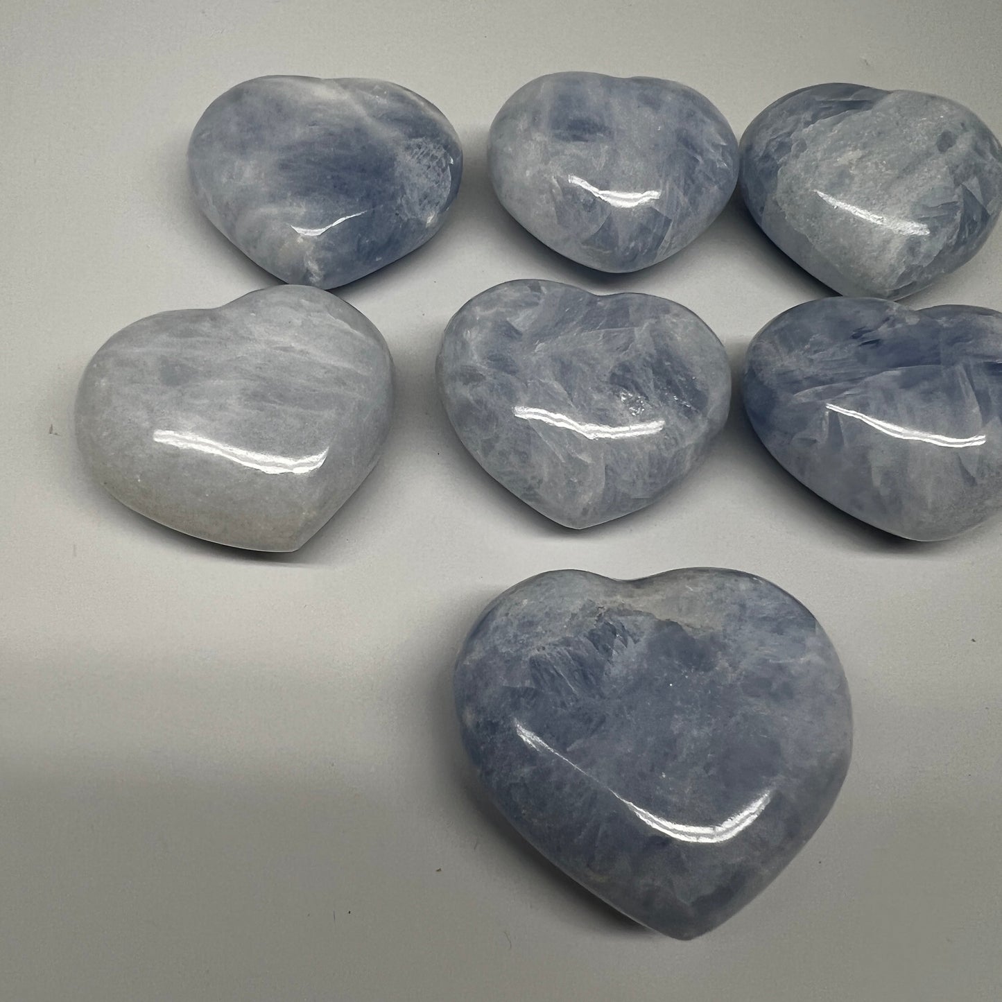 1010g (2.2 lbs) , 7 pcs, 2"- 2.3", Blue Calcite Hearts from Madagascar, B20856