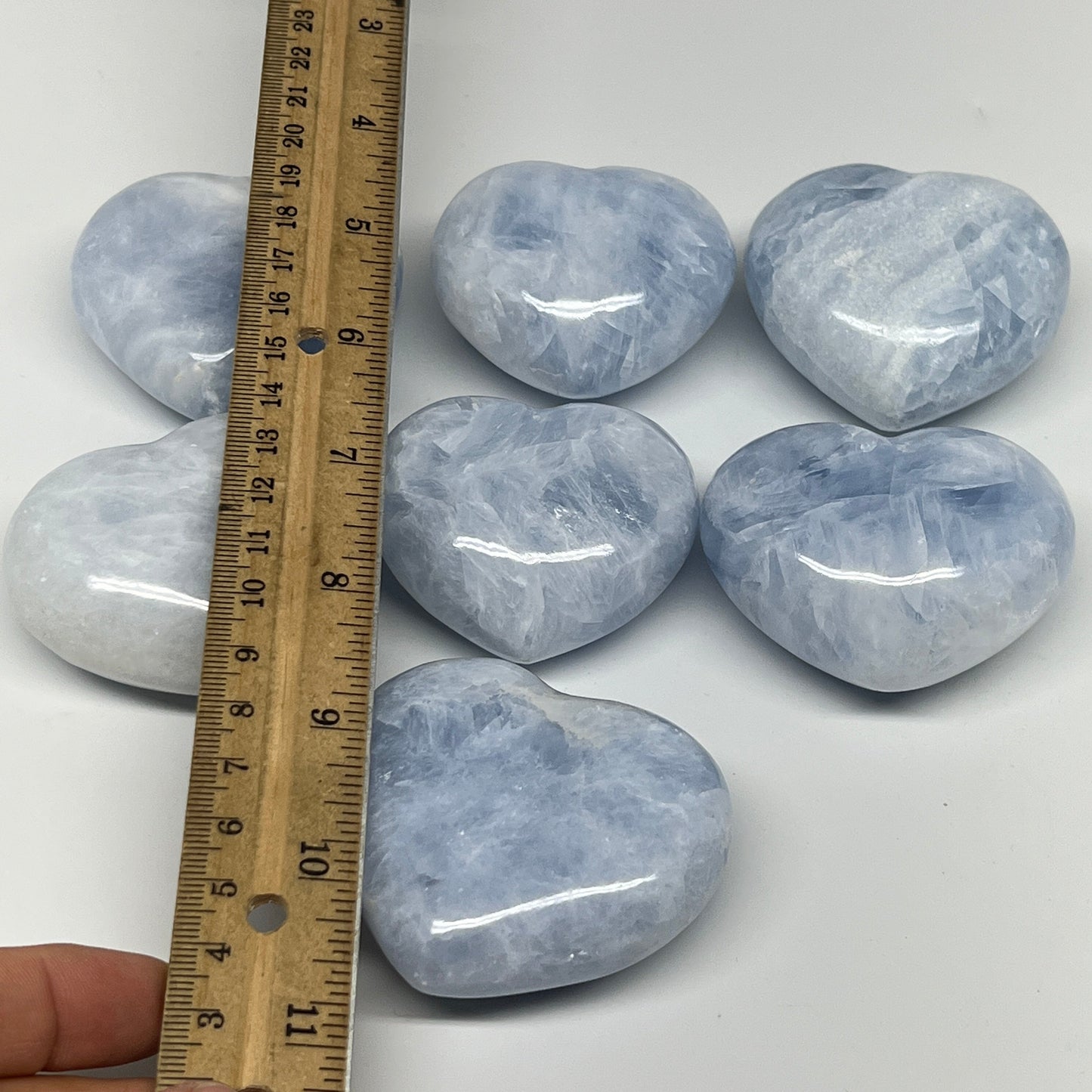 1010g (2.2 lbs) , 7 pcs, 2"- 2.3", Blue Calcite Hearts from Madagascar, B20856