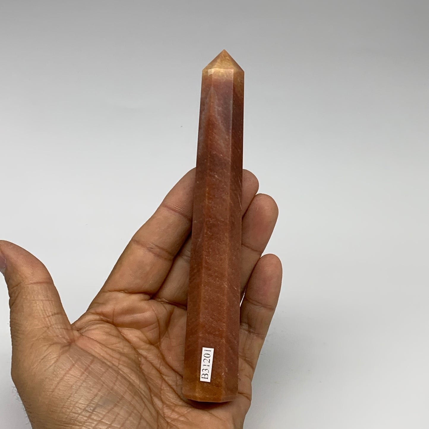 121.2g, 5.6"x0.8"x0.9" Red Aventurine Tower Obelisk Point Crystal @India,B31201