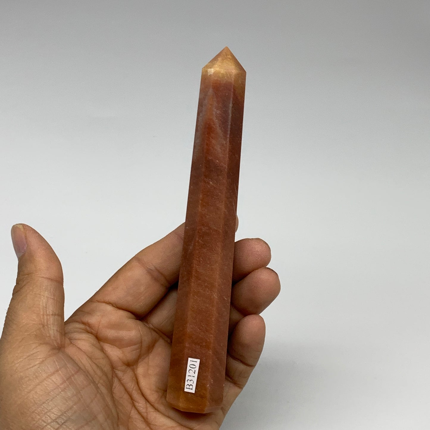 121.2g, 5.6"x0.8"x0.9" Red Aventurine Tower Obelisk Point Crystal @India,B31201