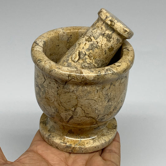 1.2 lbs,  3"x3", Natural Brown Fossils Crystal Pestle and Mortar Handmade, B3255