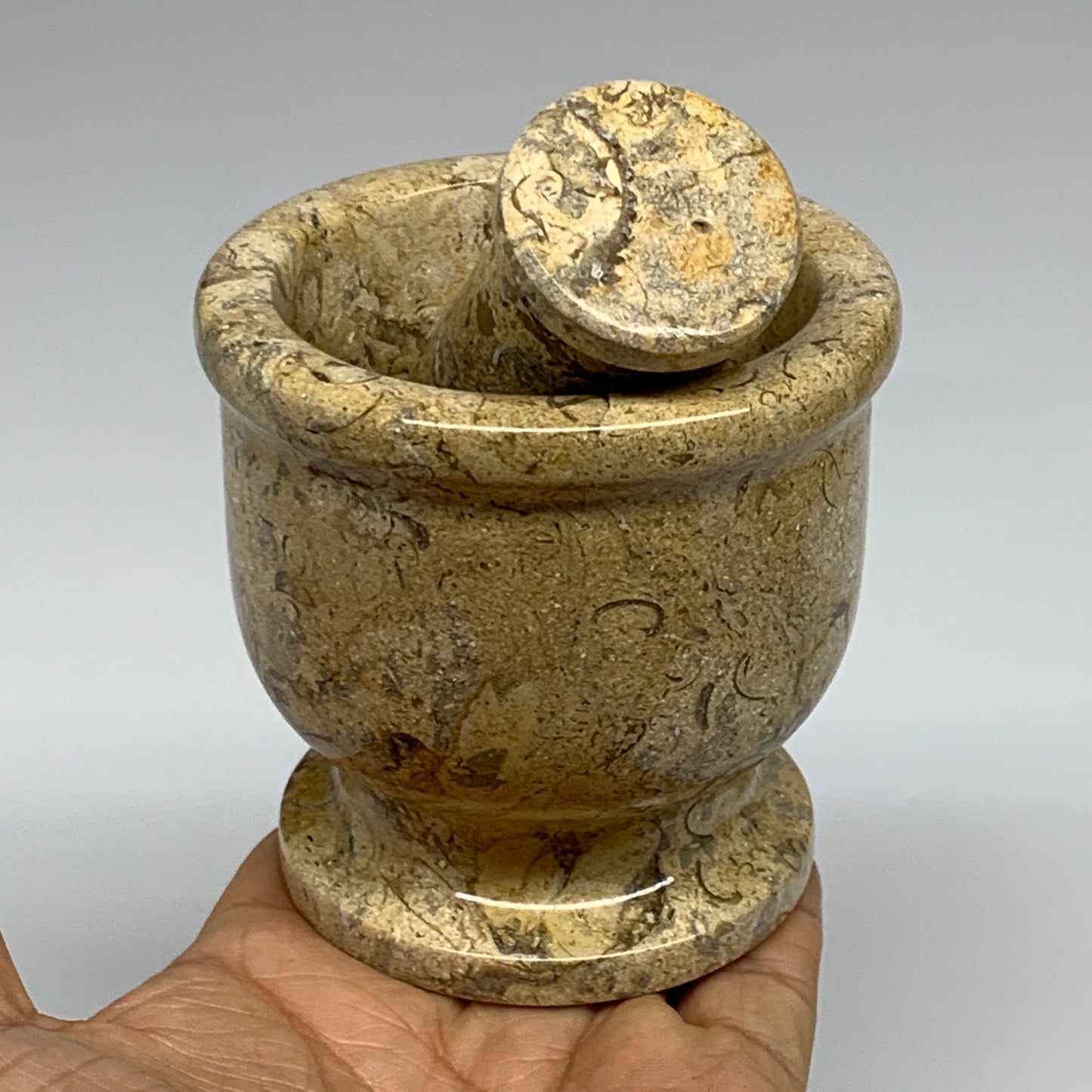 1.2 lbs,  3"x3", Natural Brown Fossils Crystal Pestle and Mortar Handmade, B3255