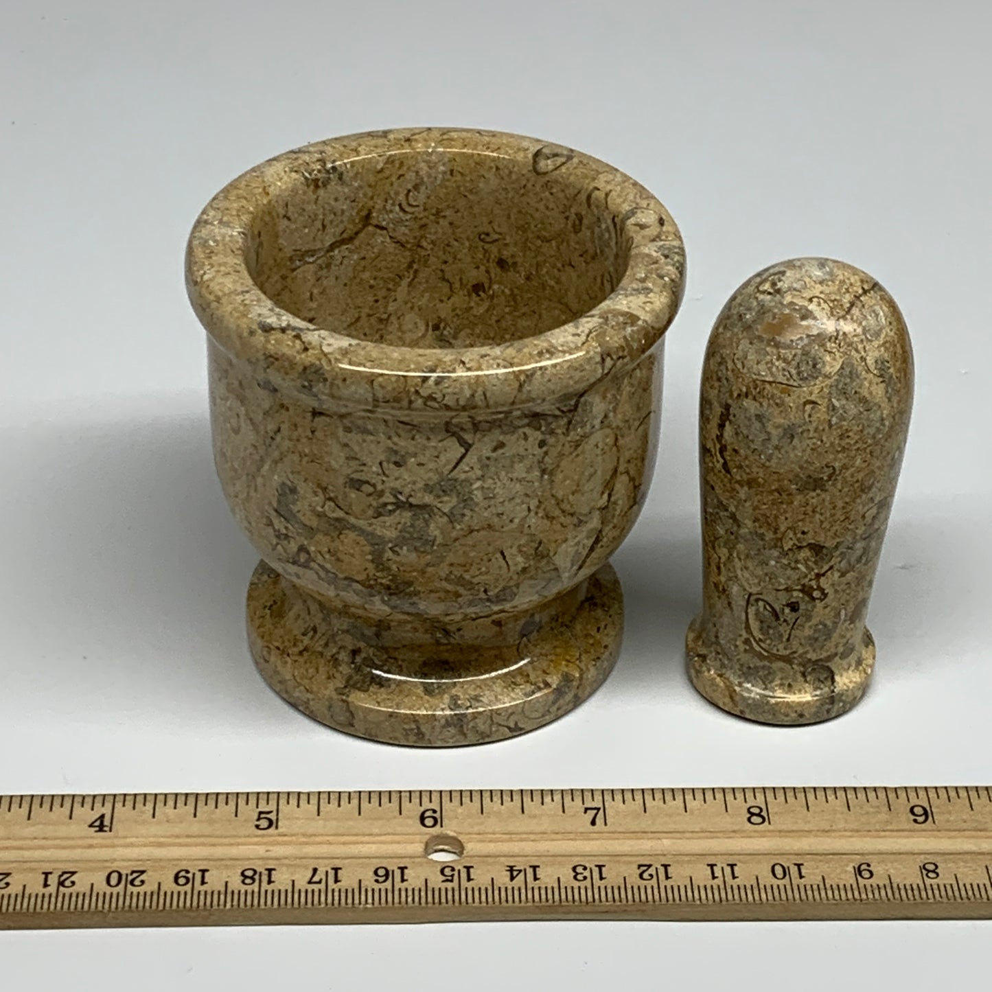 1.2 lbs,  3"x3", Natural Brown Fossils Crystal Pestle and Mortar Handmade, B3255