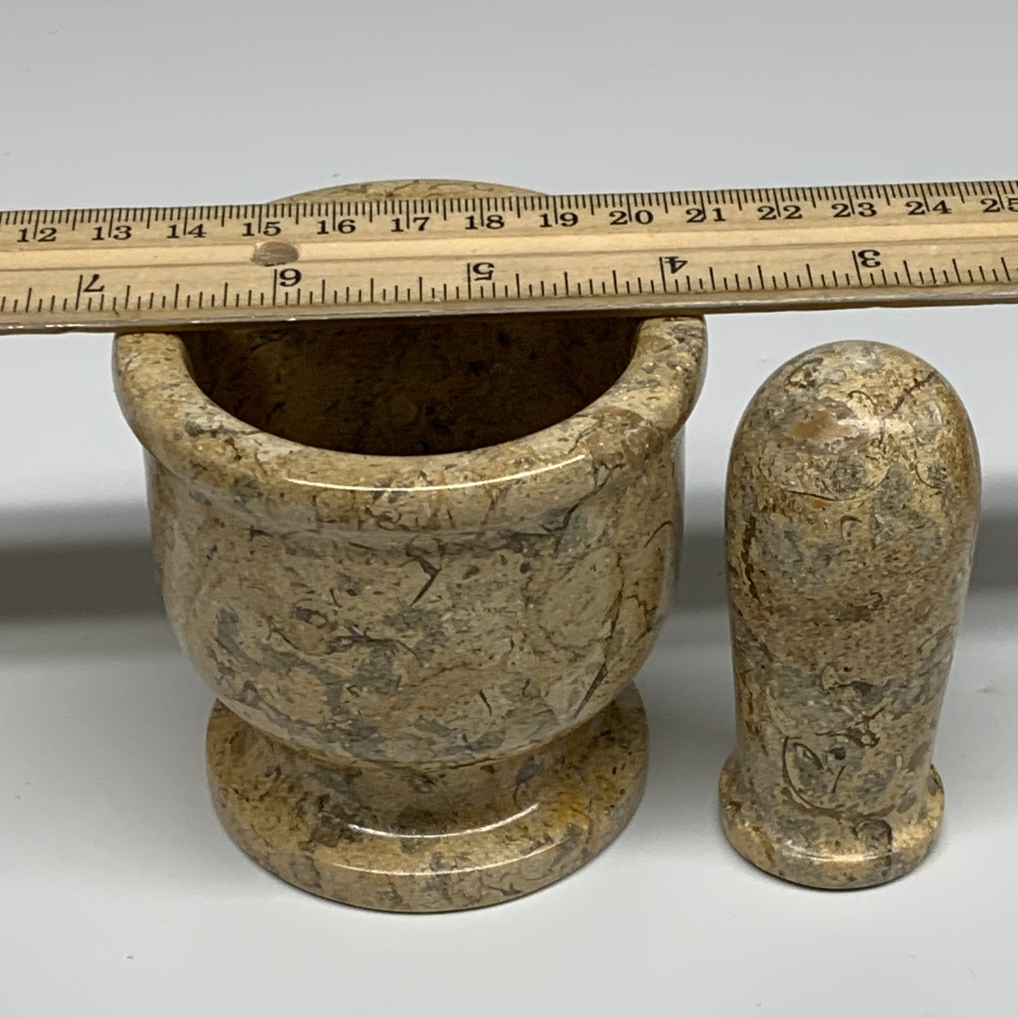 1.2 lbs,  3"x3", Natural Brown Fossils Crystal Pestle and Mortar Handmade, B3255