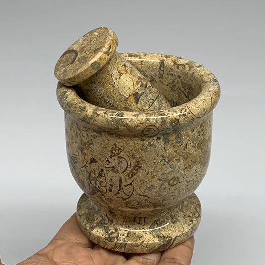 1.09 lbs,  3"x3", Natural Brown Fossils Crystal Pestle and Mortar Handmade, B325