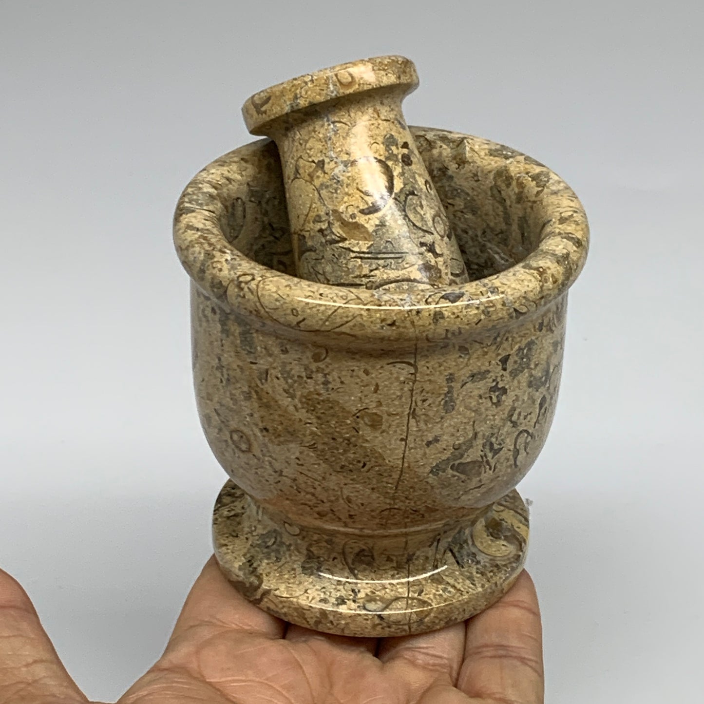 1.09 lbs,  3"x3", Natural Brown Fossils Crystal Pestle and Mortar Handmade, B325