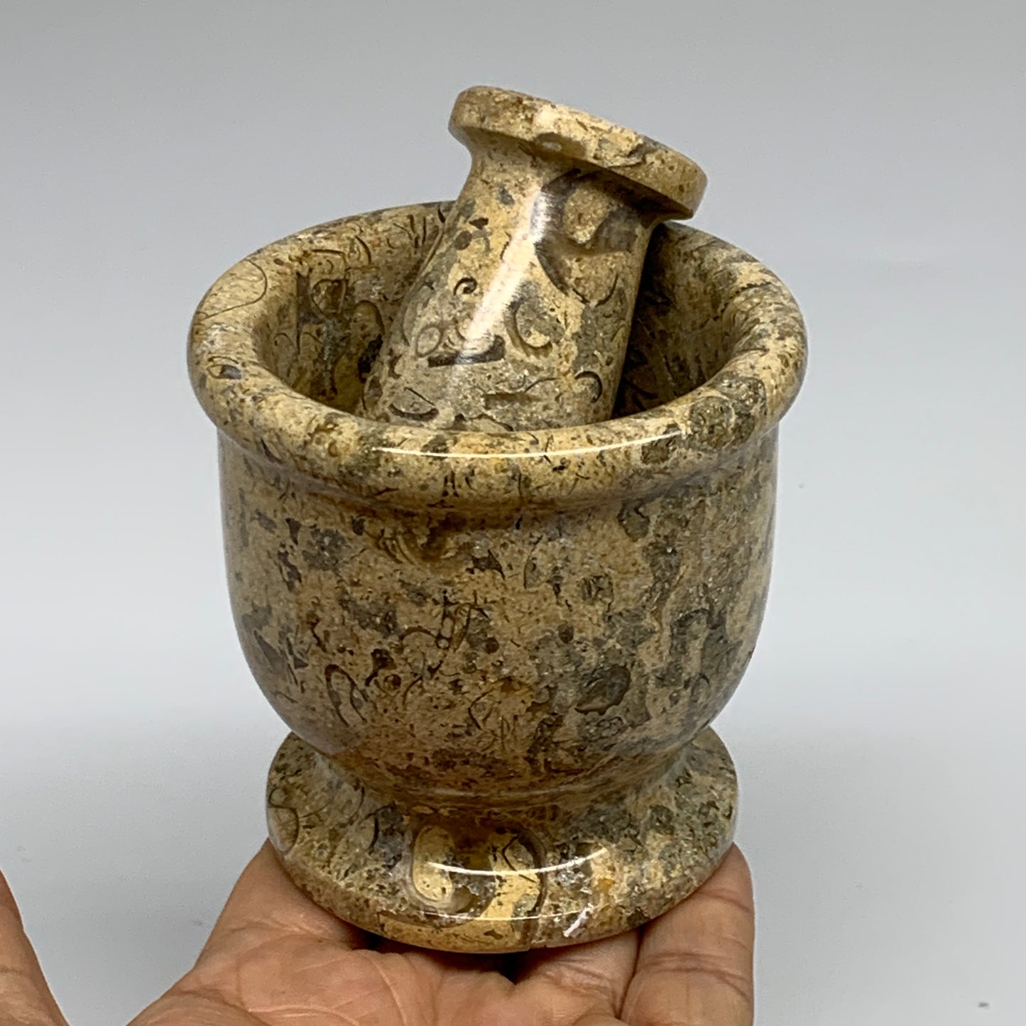 1.09 lbs,  3"x3", Natural Brown Fossils Crystal Pestle and Mortar Handmade, B325