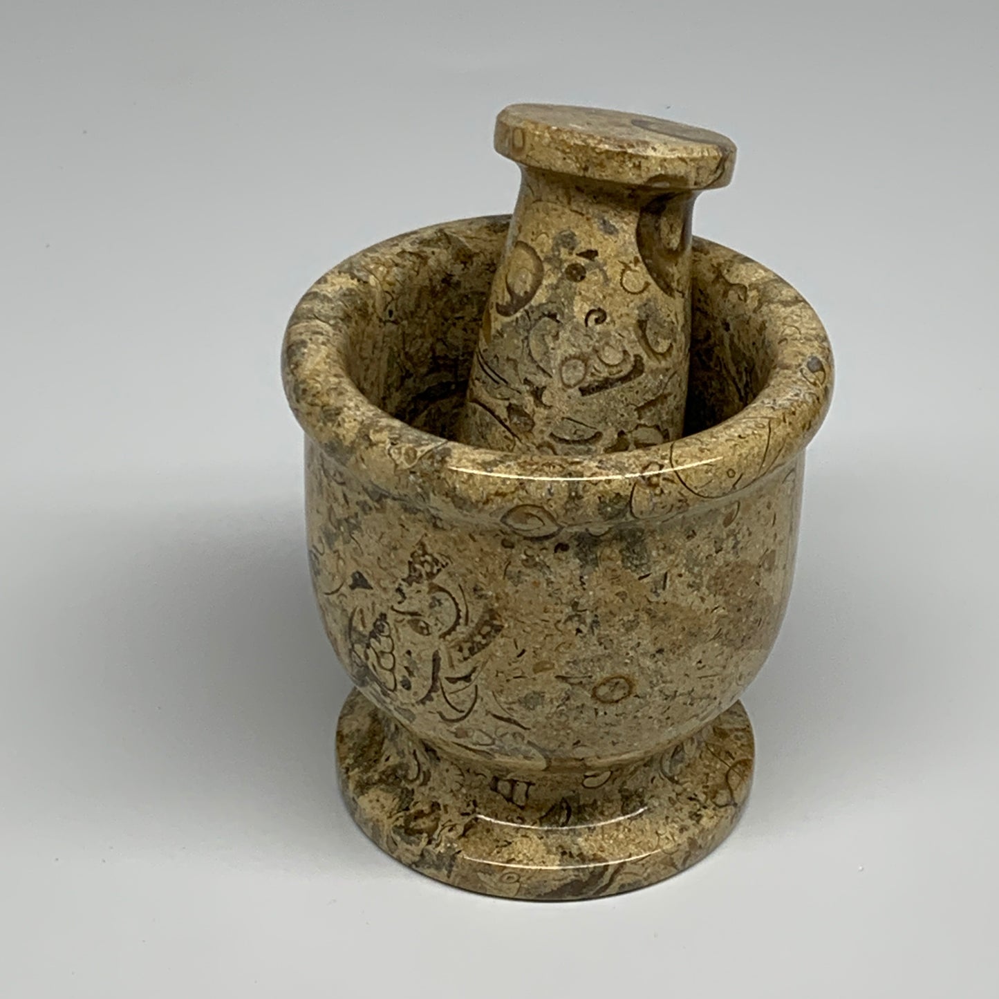 1.09 lbs,  3"x3", Natural Brown Fossils Crystal Pestle and Mortar Handmade, B325