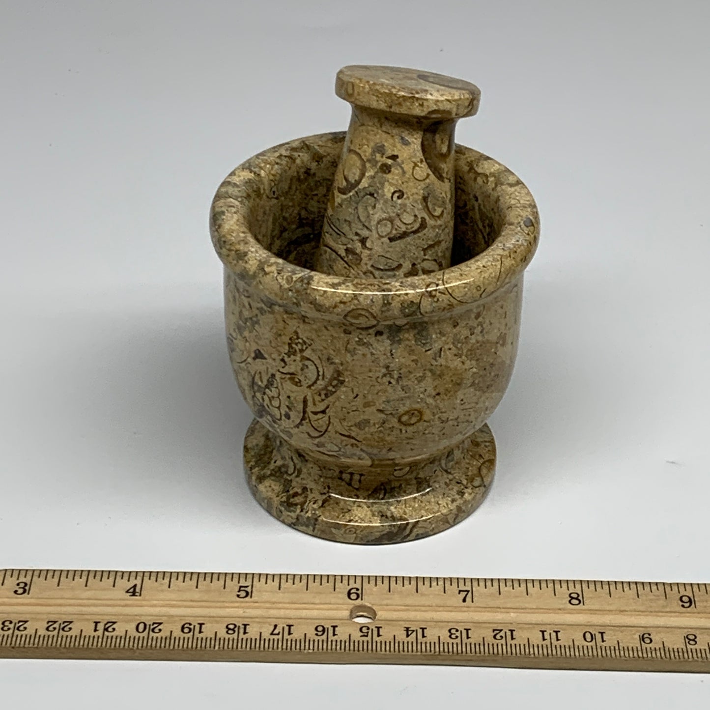 1.09 lbs,  3"x3", Natural Brown Fossils Crystal Pestle and Mortar Handmade, B325