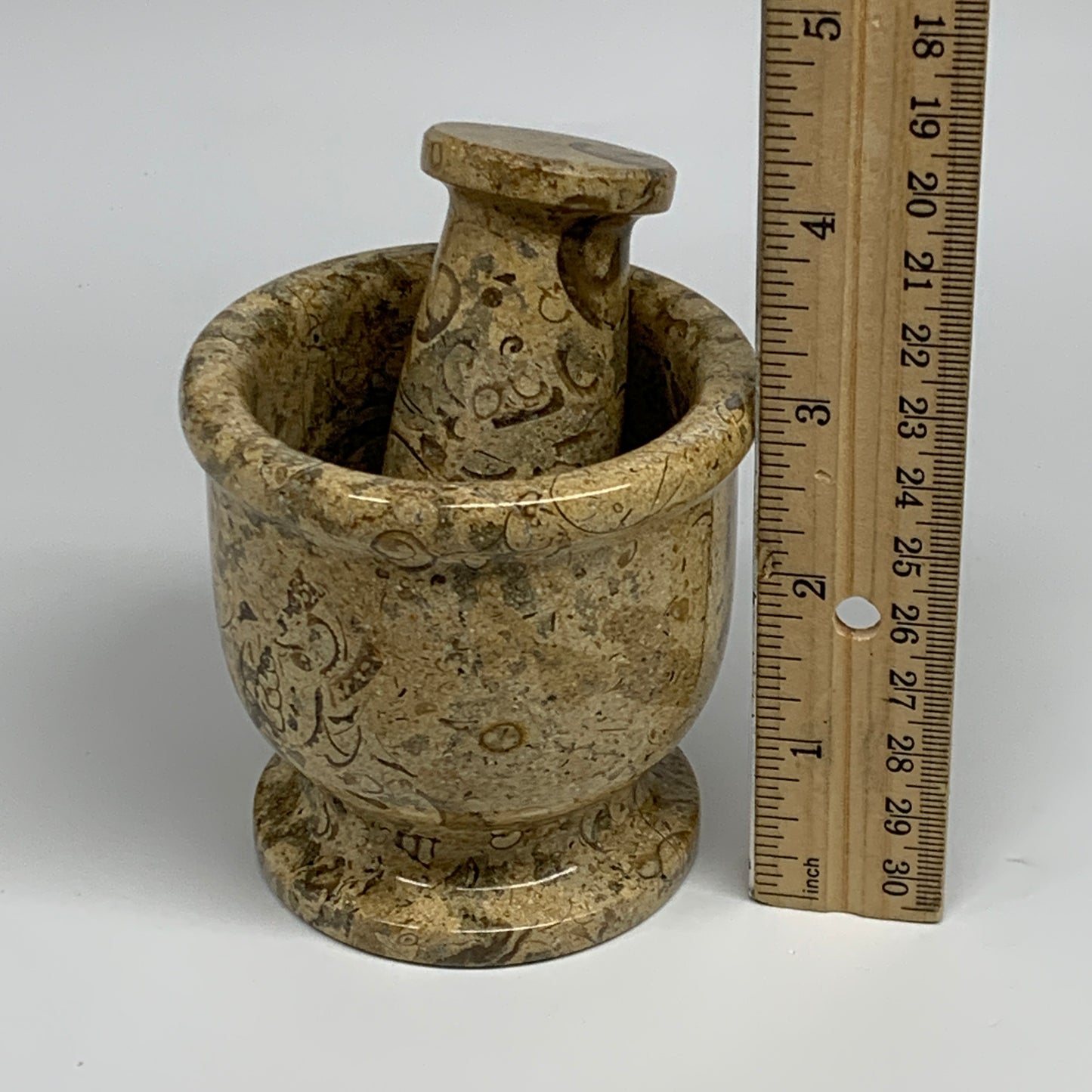 1.09 lbs,  3"x3", Natural Brown Fossils Crystal Pestle and Mortar Handmade, B325